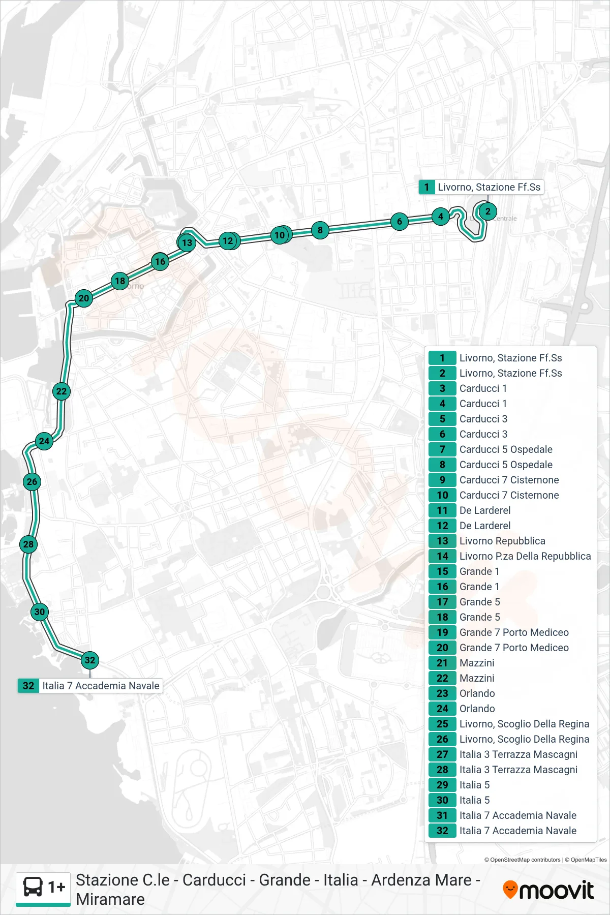 Linea 1+  bus (Italia 7 Accademia Navale) - Percorsi e fermate sulla mappa