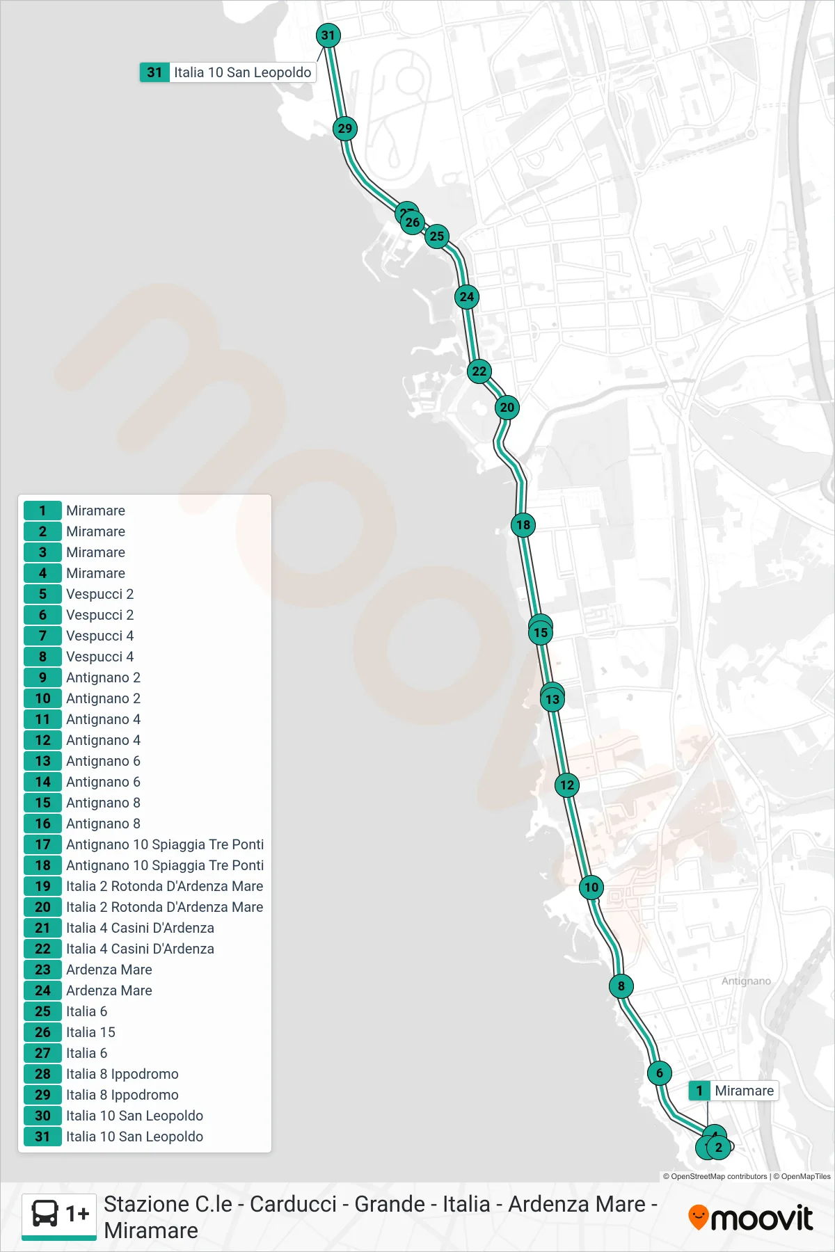 Linea 1+ bus (Italia 10 San Leopoldo) - Percorsi e fermate sulla mappa