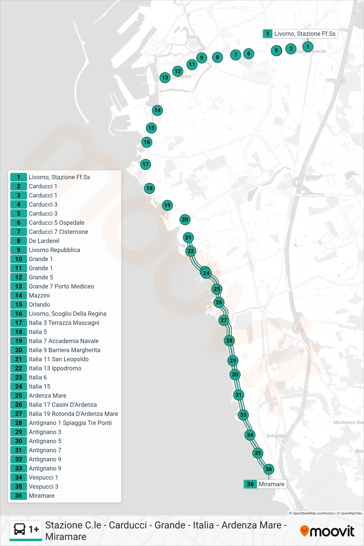 Linea 1+ bus (Miramare) - Percorsi e fermate sulla mappa