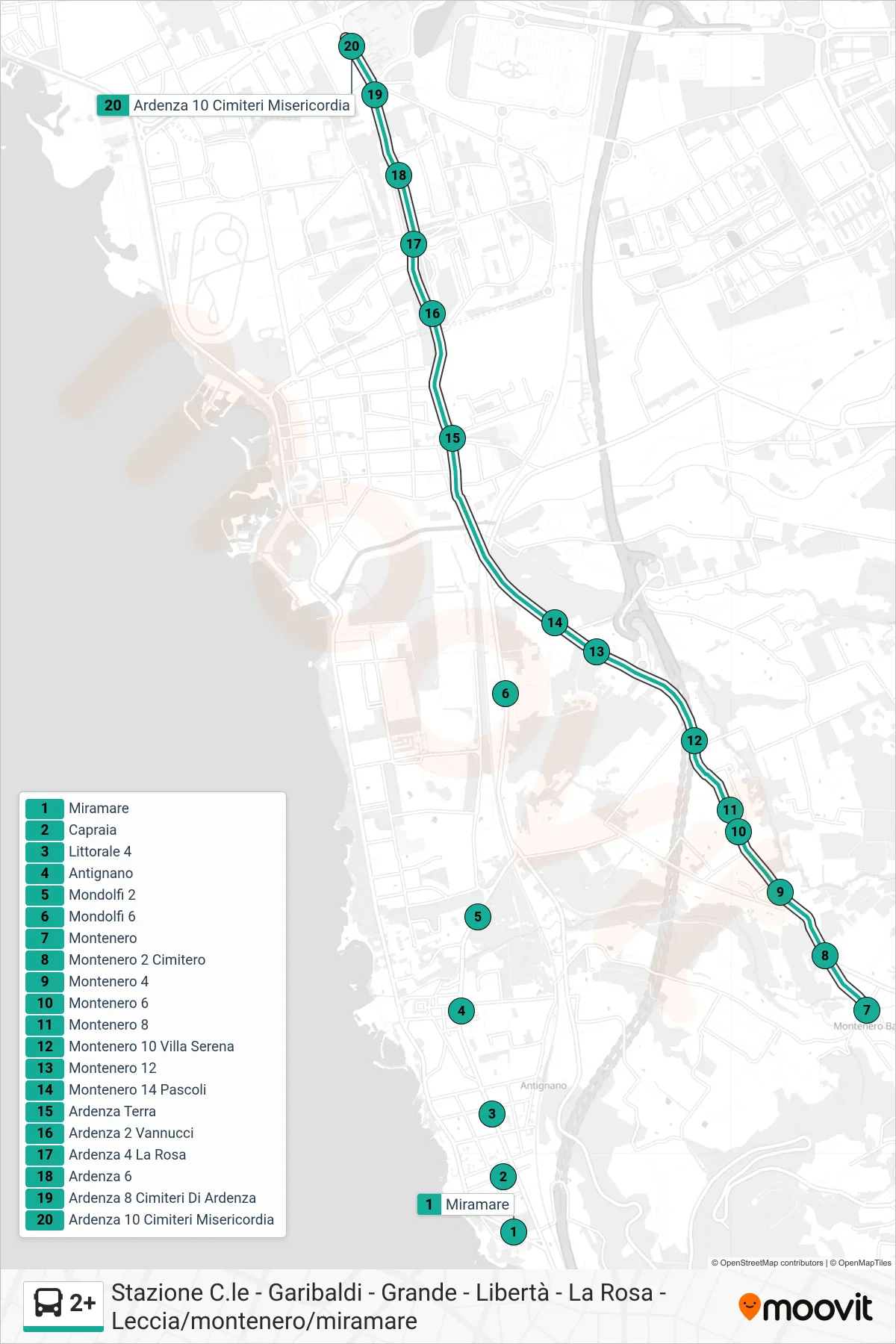 Linea 2+ bus (Ardenza Cimiteri Misericordia) - Percorsi e fermate sulla mappa