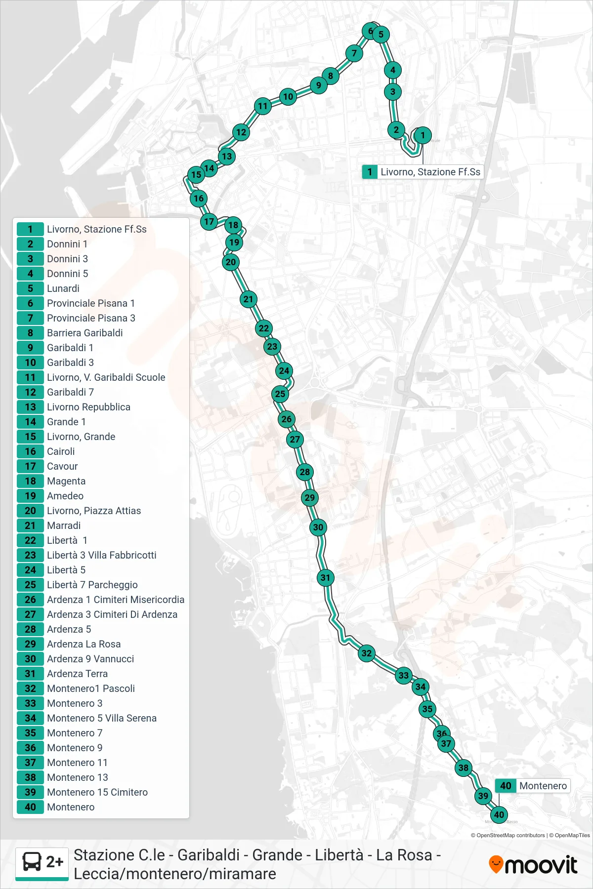 Linea 2+  bus (Montenero) - Percorsi e fermate sulla mappa