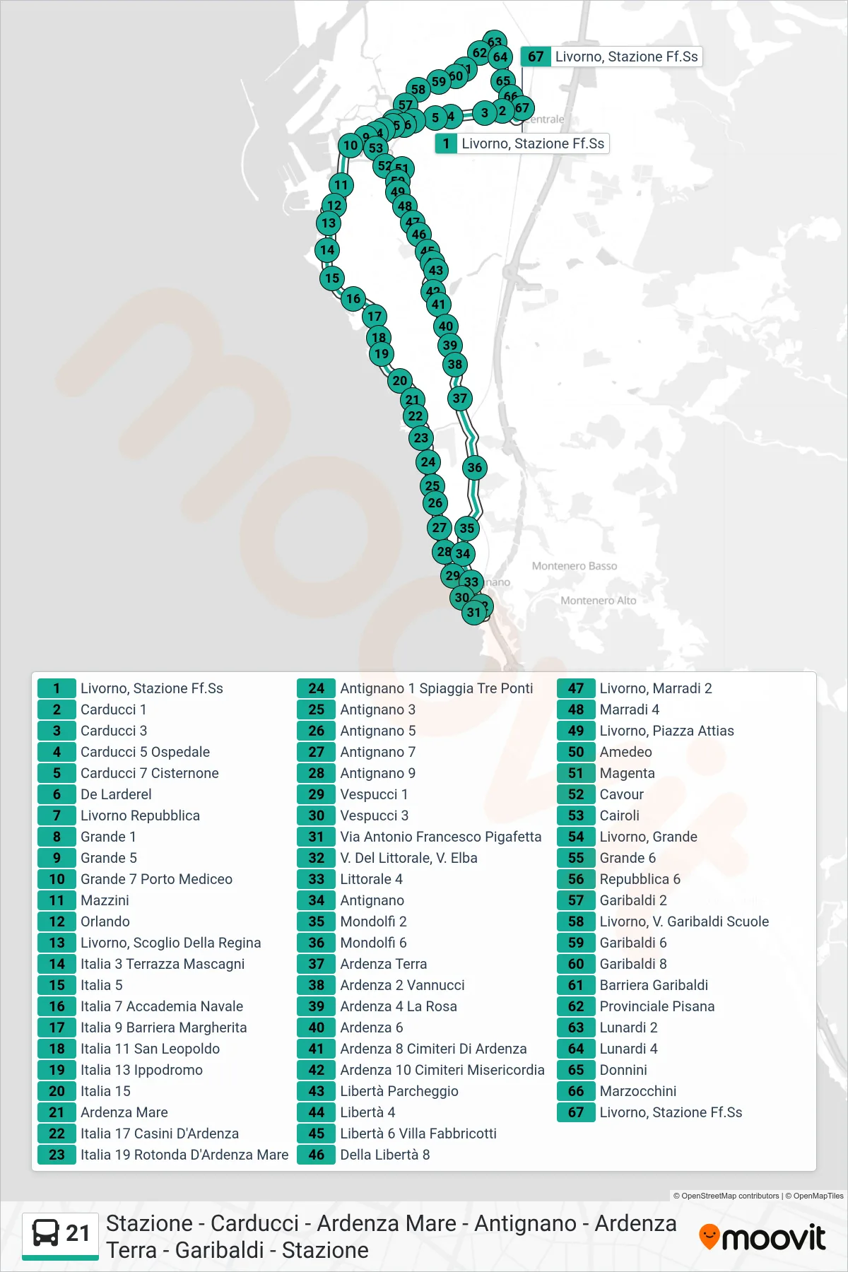 Linea 21  bus (Livorno, Stazione Ff.ss) - Percorsi e fermate sulla mappa