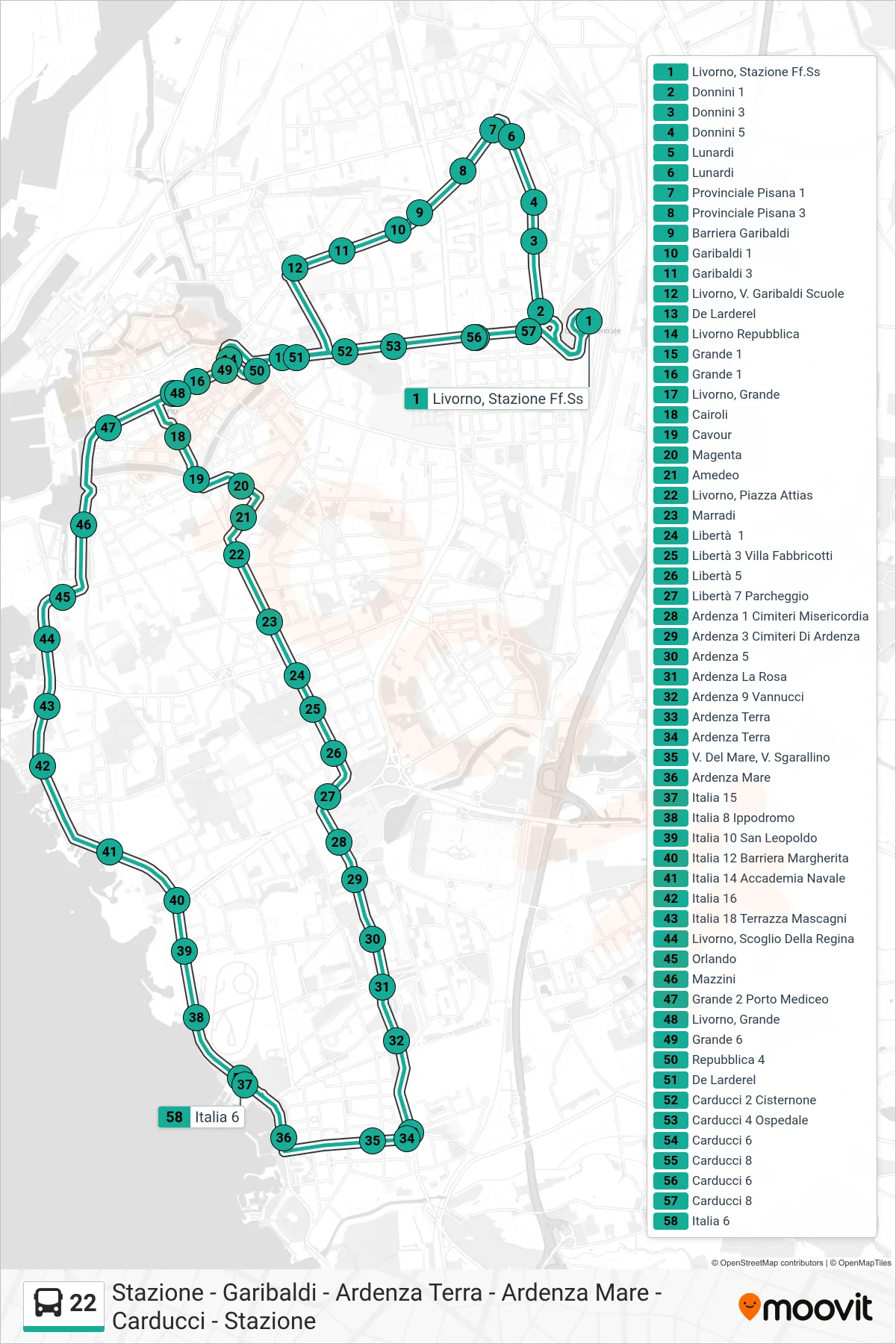 Linea 22 bus (Livorno, Stazione Ff.Ss) - Percorsi e fermate sulla mappa