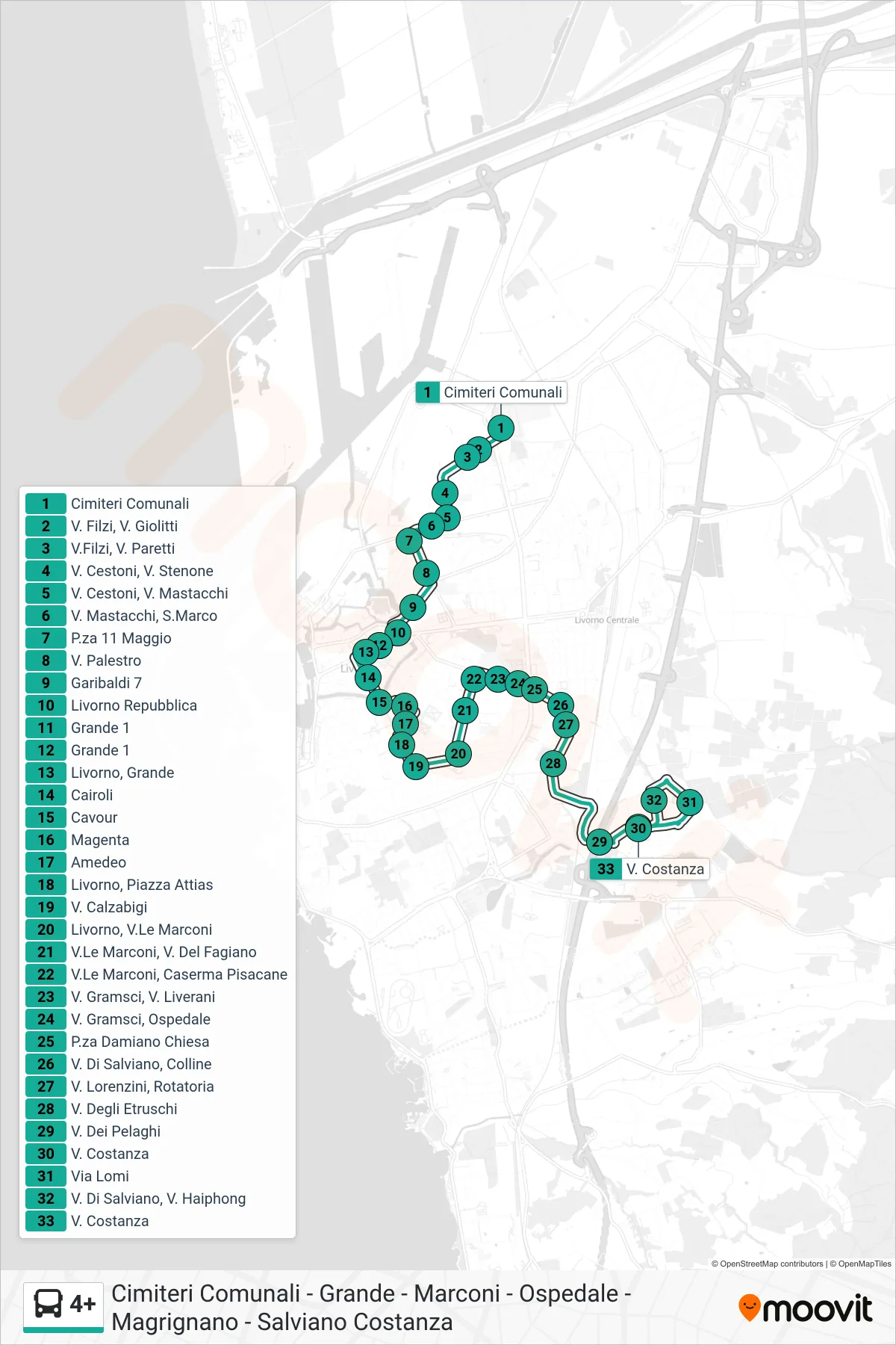 Linea 4+  bus (V. Costanza) - Percorsi e fermate sulla mappa