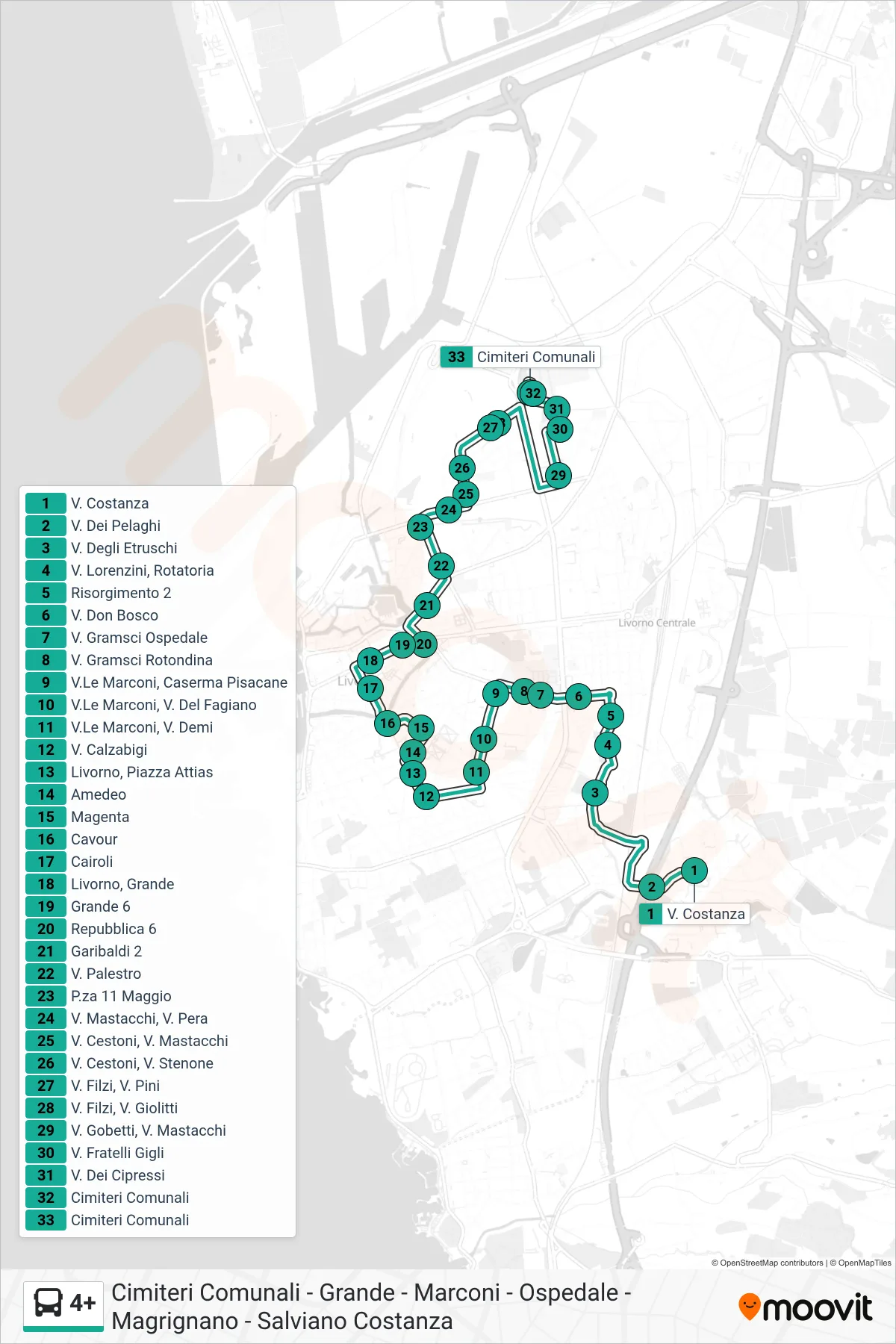 Linea 4+ bus (Cimiteri Comunali) - Percorsi e fermate sulla mappa
