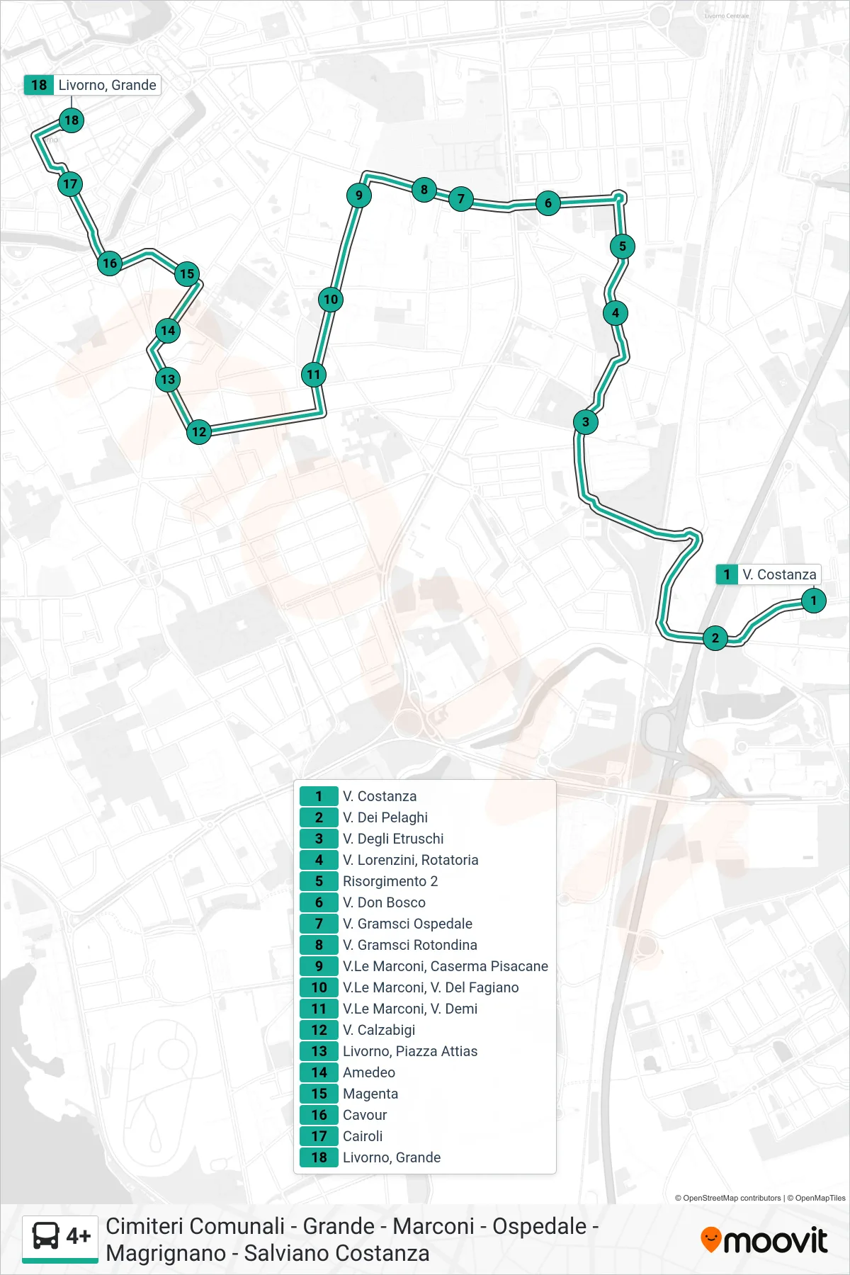 Linea 4+  bus (Livorno, Grande) - Percorsi e fermate sulla mappa