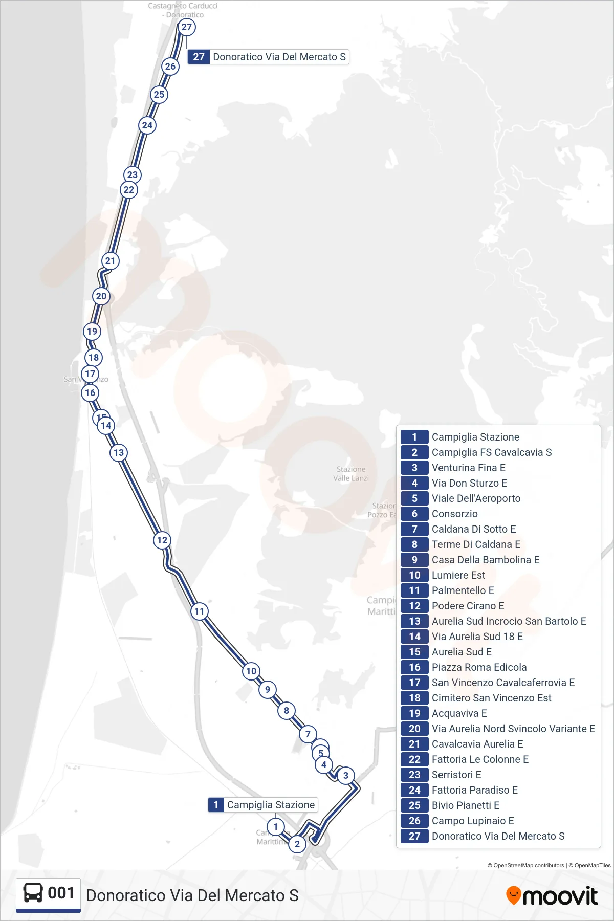 Linea 001  bus (Donoratico Via Del Mercato S) - Percorsi e fermate sulla mappa