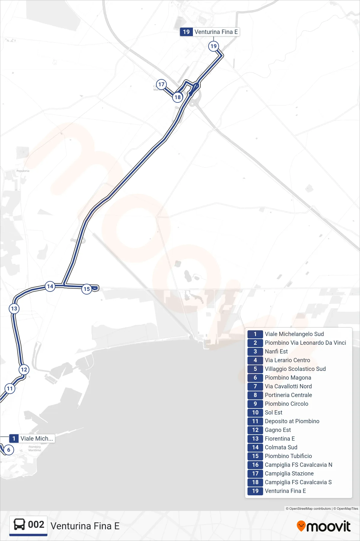 Linea 002 bus (Venturina Fina E) - Percorsi e fermate sulla mappa
