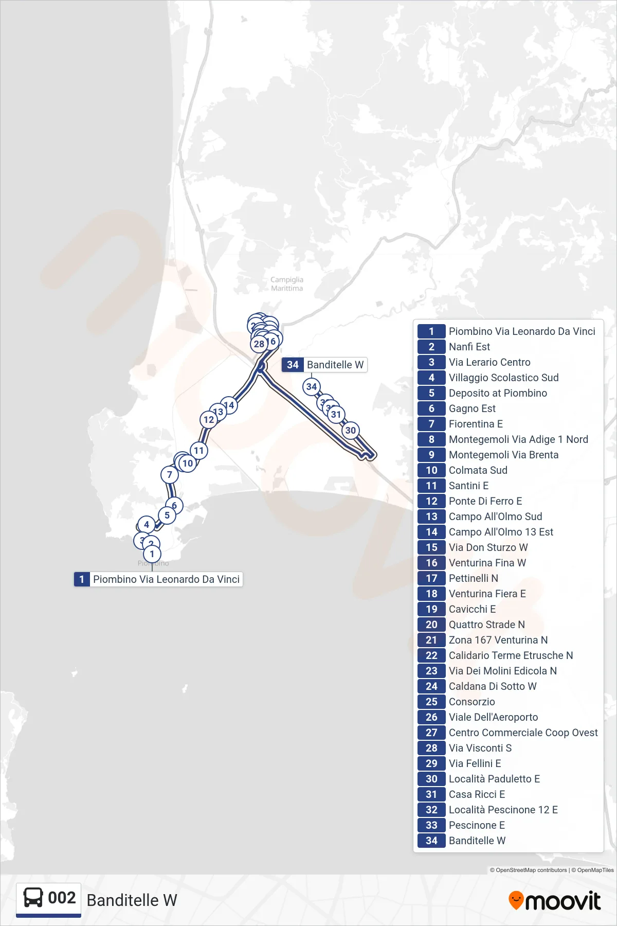 Linea 002 bus (Banditelle W) - Percorsi e fermate sulla mappa