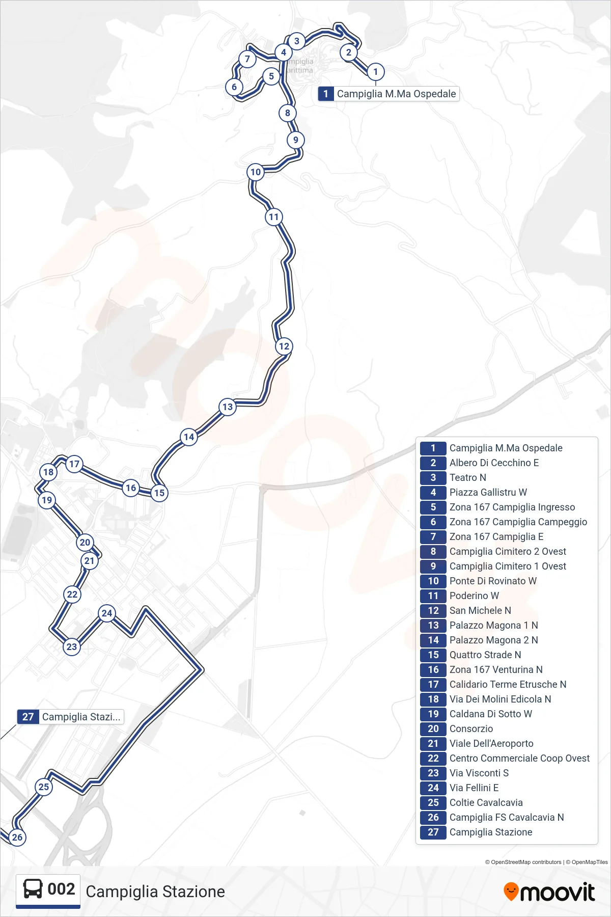 Linea 002  bus (Campiglia Stazione) - Percorsi e fermate sulla mappa