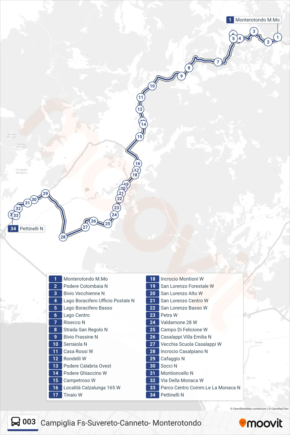 Linea 003 bus (Pettinelli N) - Percorsi e fermate sulla mappa