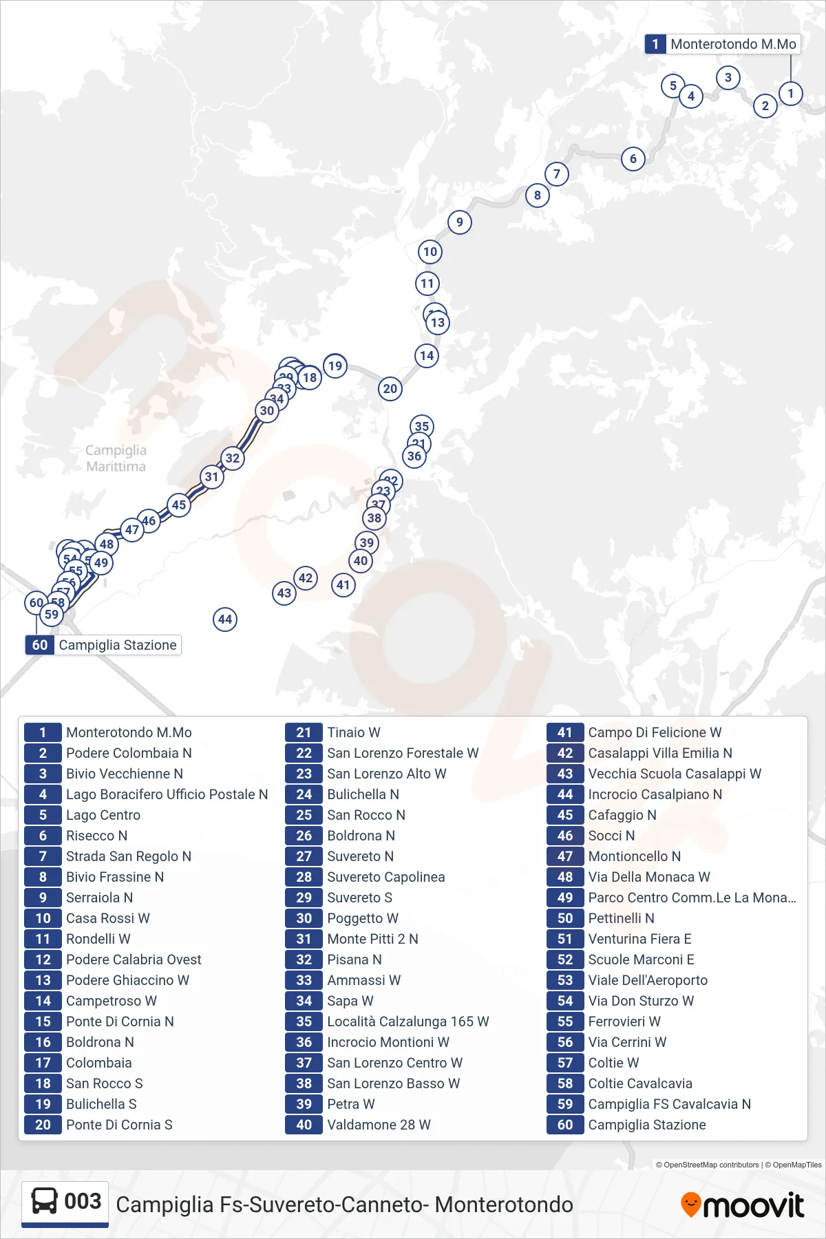 Linea 003  bus (Campiglia Stazione) - Percorsi e fermate sulla mappa
