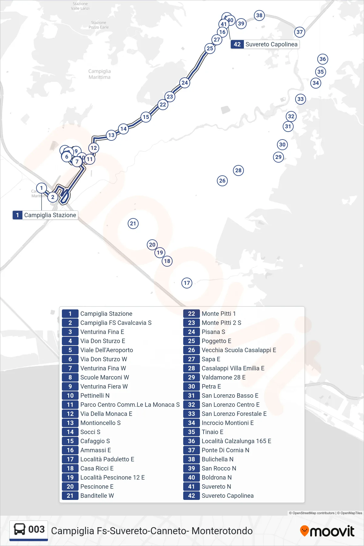 Linea 003  bus (Suvereto Capolinea) - Percorsi e fermate sulla mappa