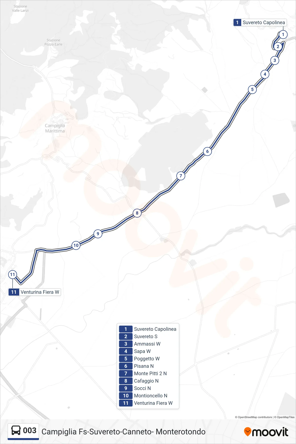 Linea 003  bus (Venturina Fiera W) - Percorsi e fermate sulla mappa