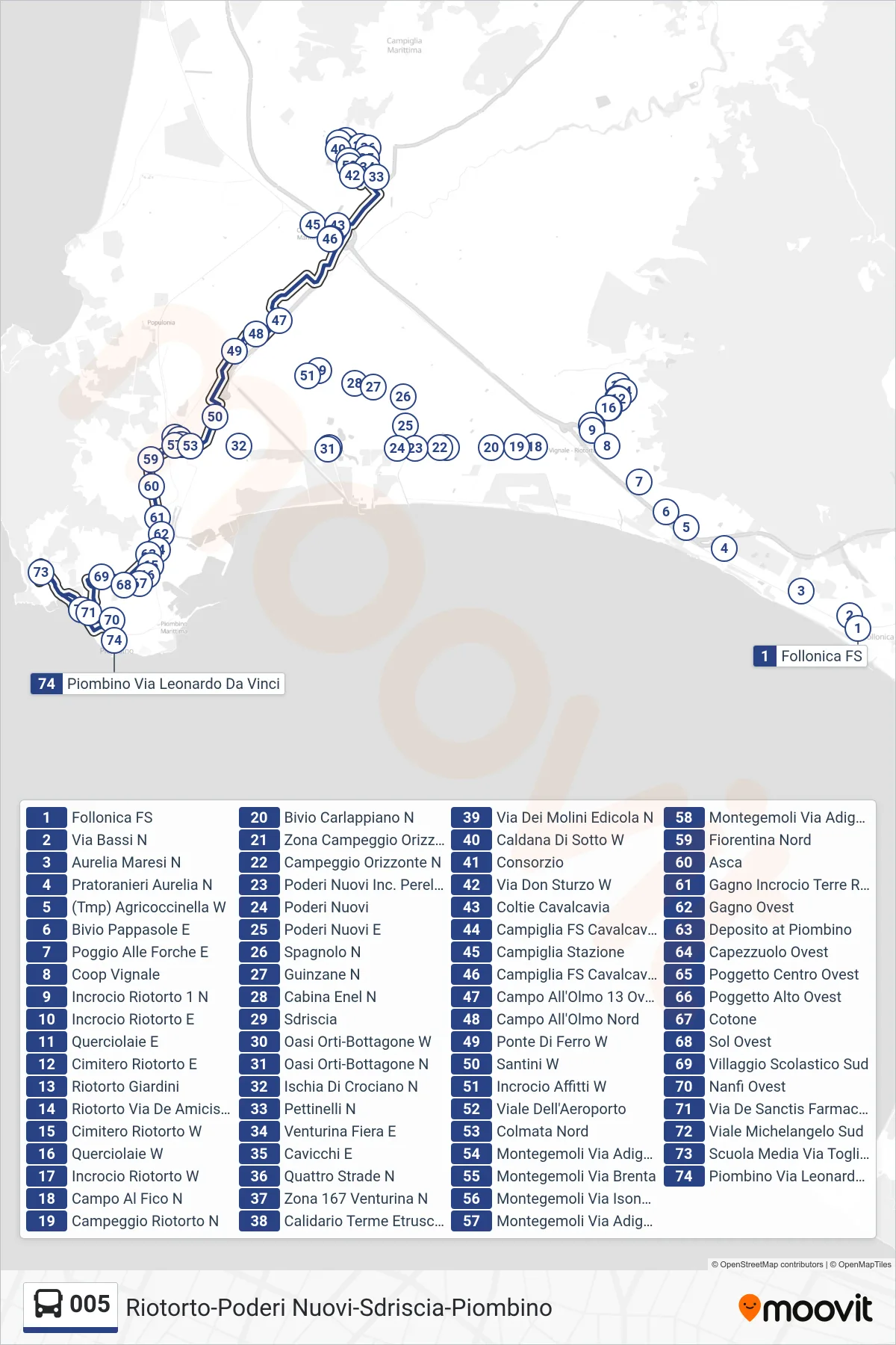 Linea 005 bus (Piombino Via Leonardo Da Vinci) - Percorsi e fermate sulla mappa