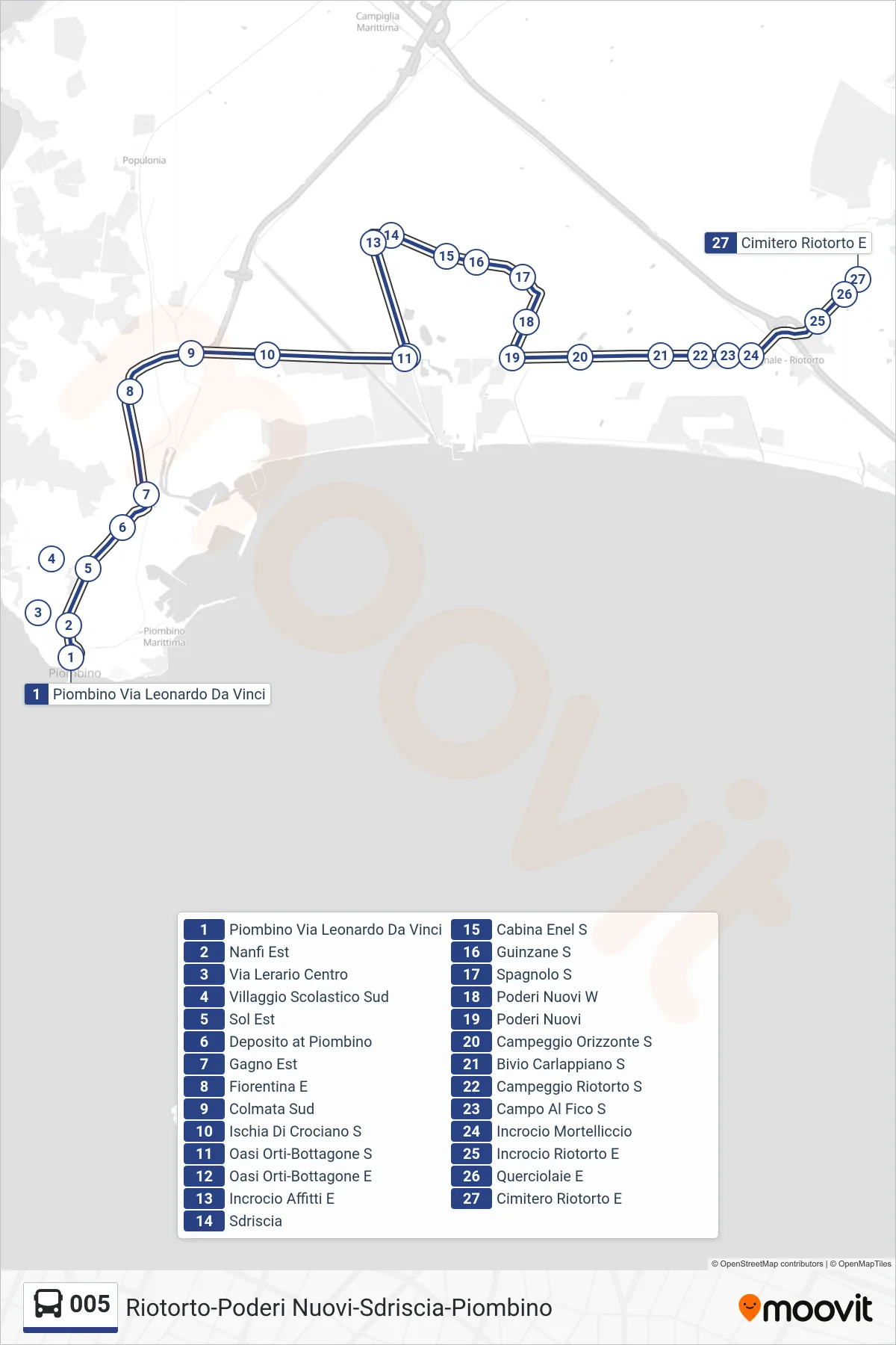 Linea 005 bus (Cimitero Riotorto Est) - Percorsi e fermate sulla mappa