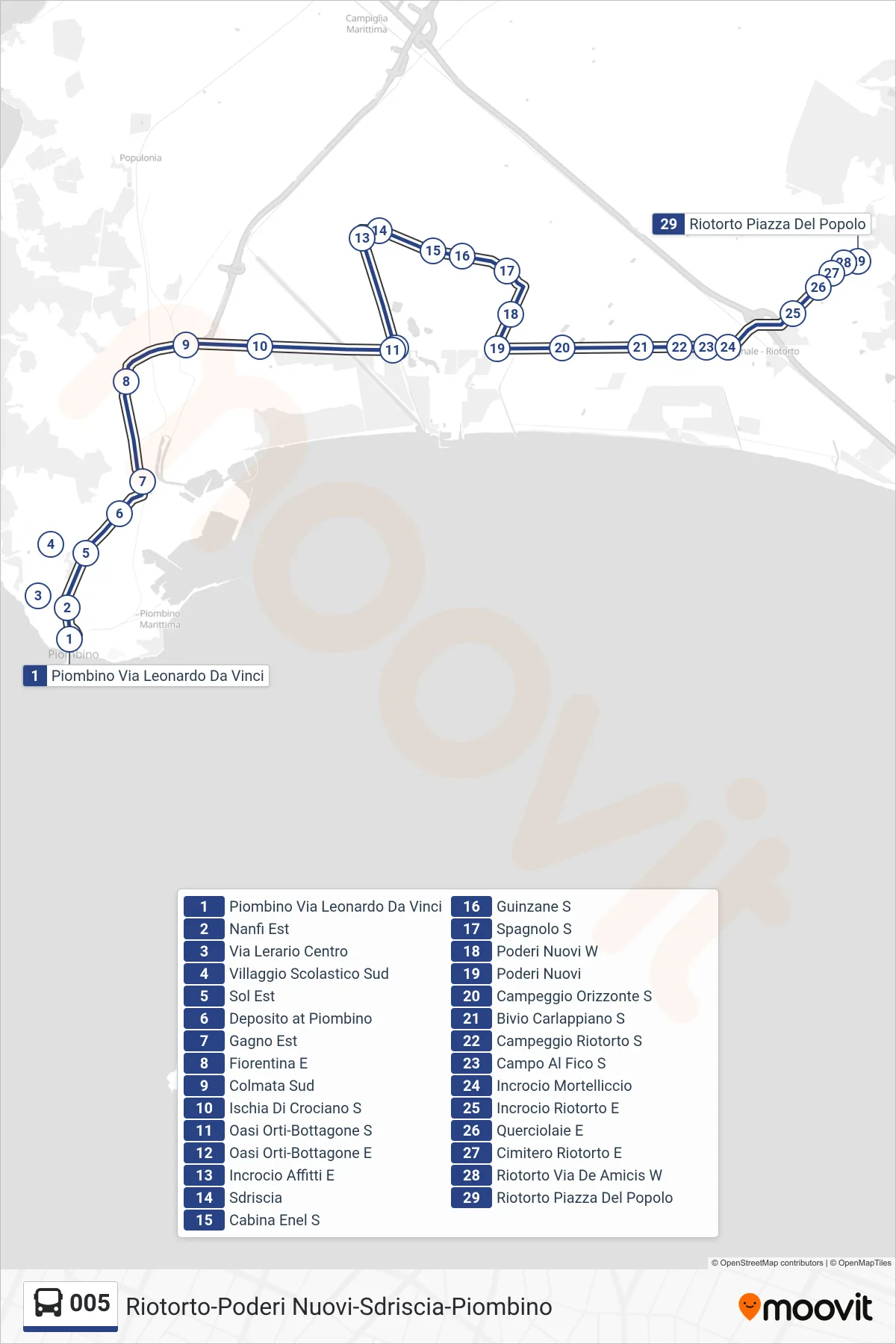 Linea 005 bus (Riotorto Piazza Del Popolo) - Percorsi e fermate sulla mappa