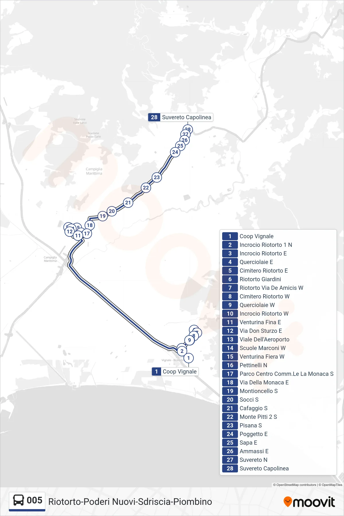 Linea 005 bus (Suvereto Capolinea) - Percorsi e fermate sulla mappa