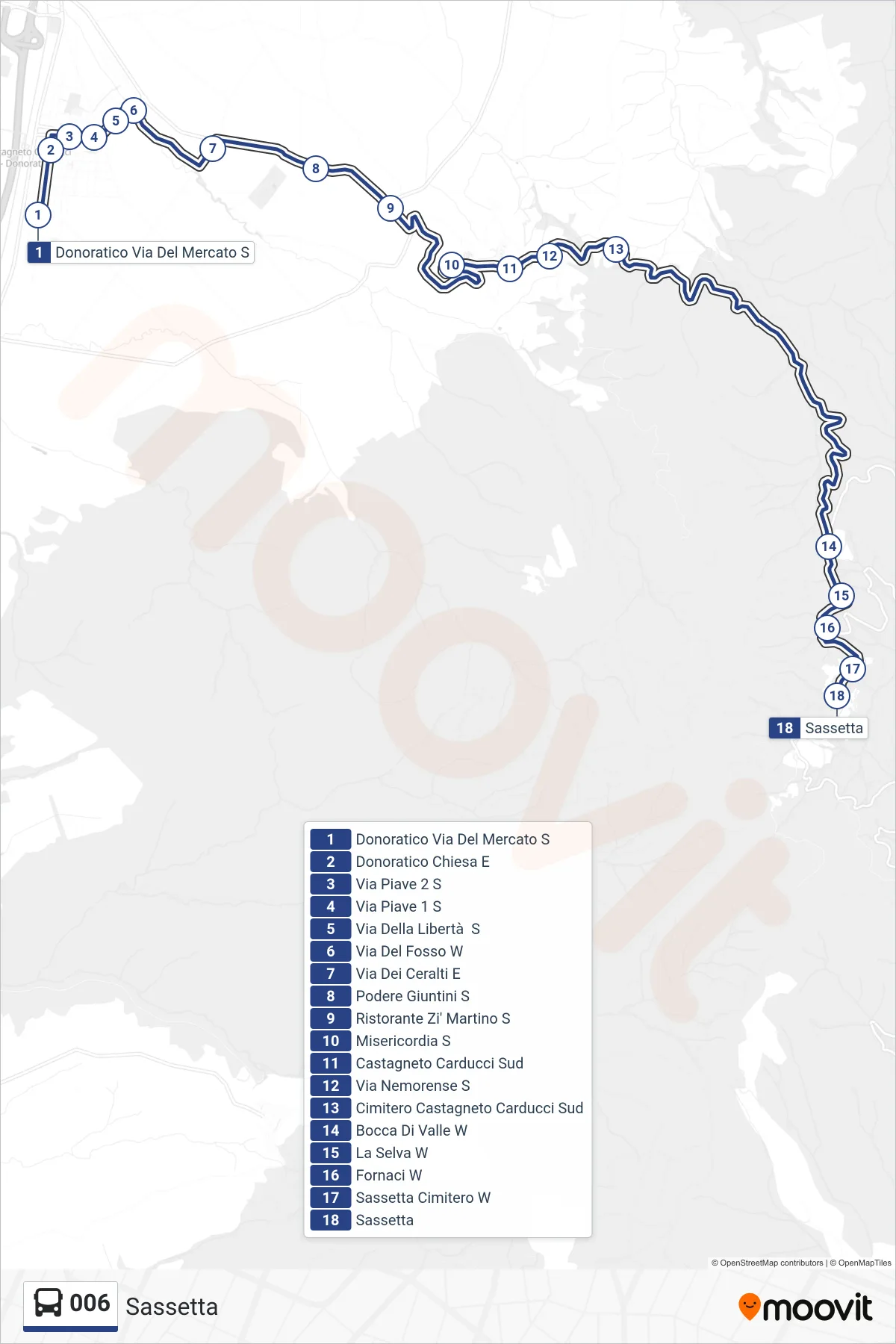 Linea 006 bus (Sassetta) - Percorsi e fermate sulla mappa
