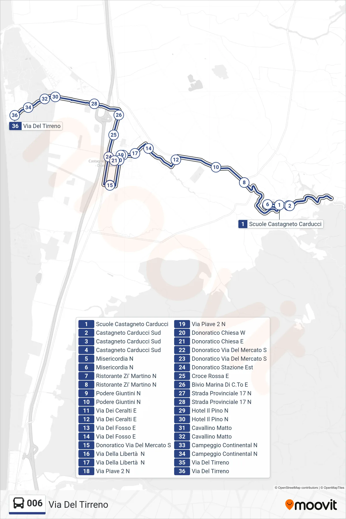 Linea 006  bus (Via Del Tirreno) - Percorsi e fermate sulla mappa