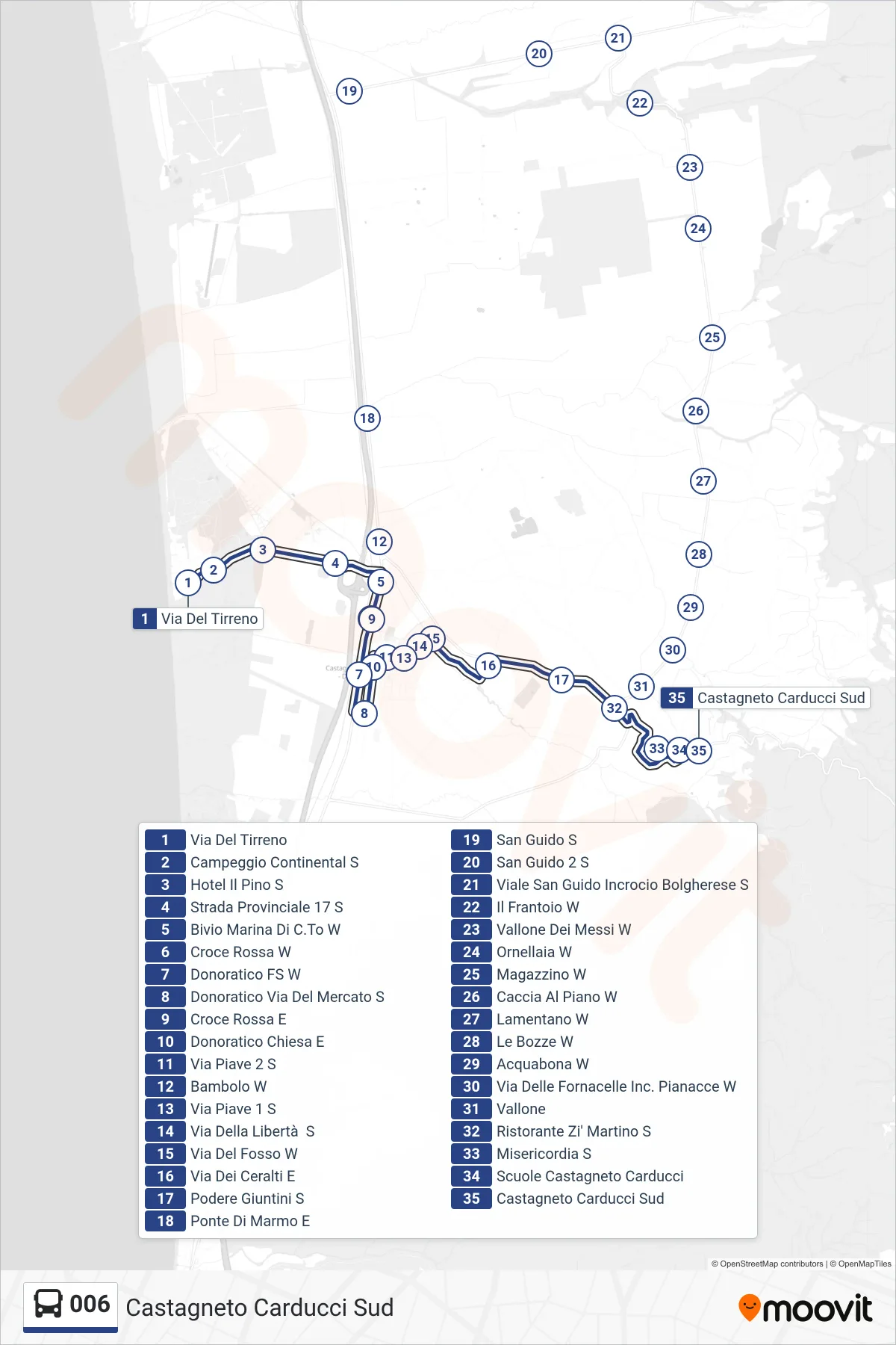 Linea 006 bus (Castagneto Carducci Sud) - Percorsi e fermate sulla mappa