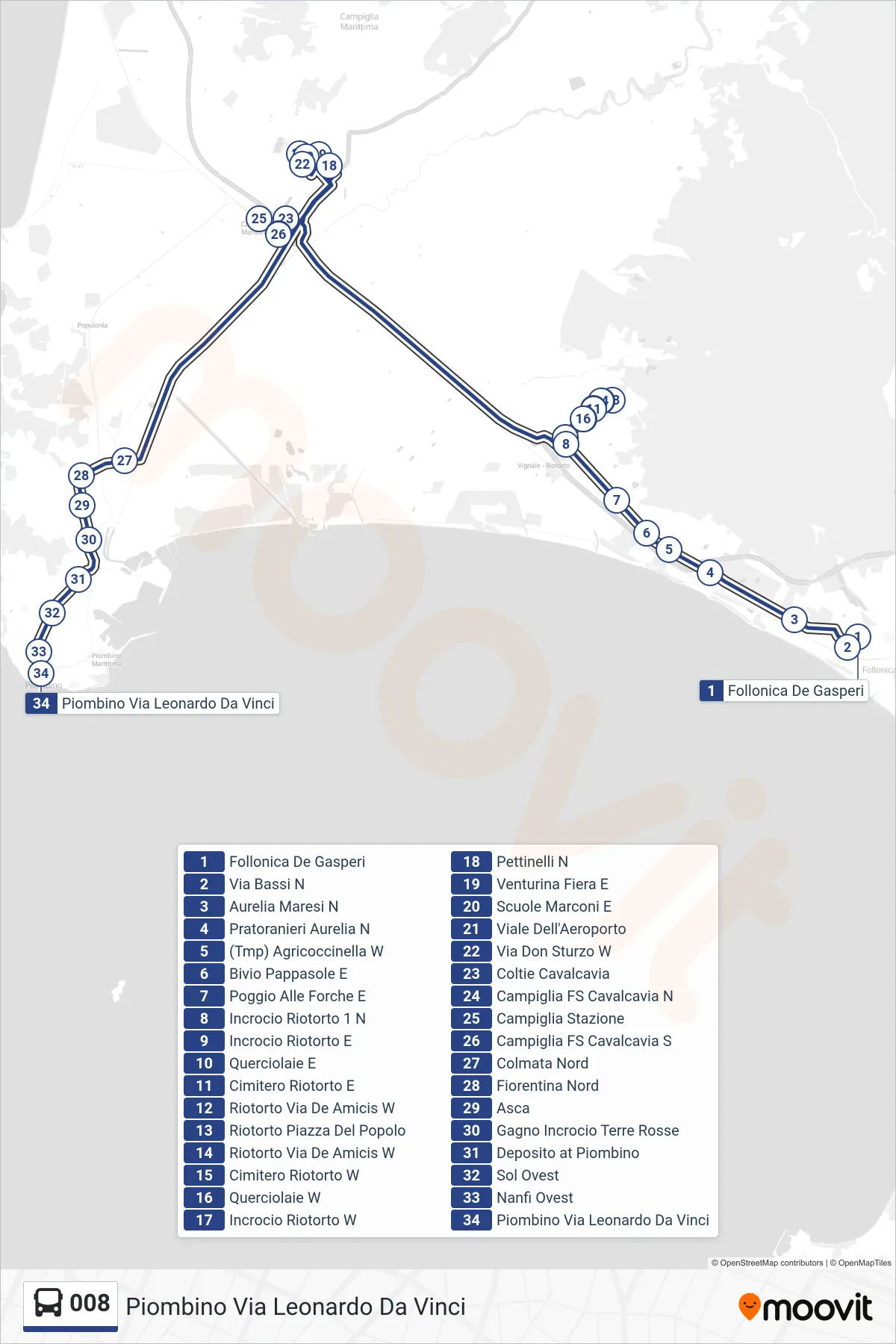 Linea 008 bus (Piombino Via Leonardo Da Vinci) - Percorsi e fermate sulla mappa