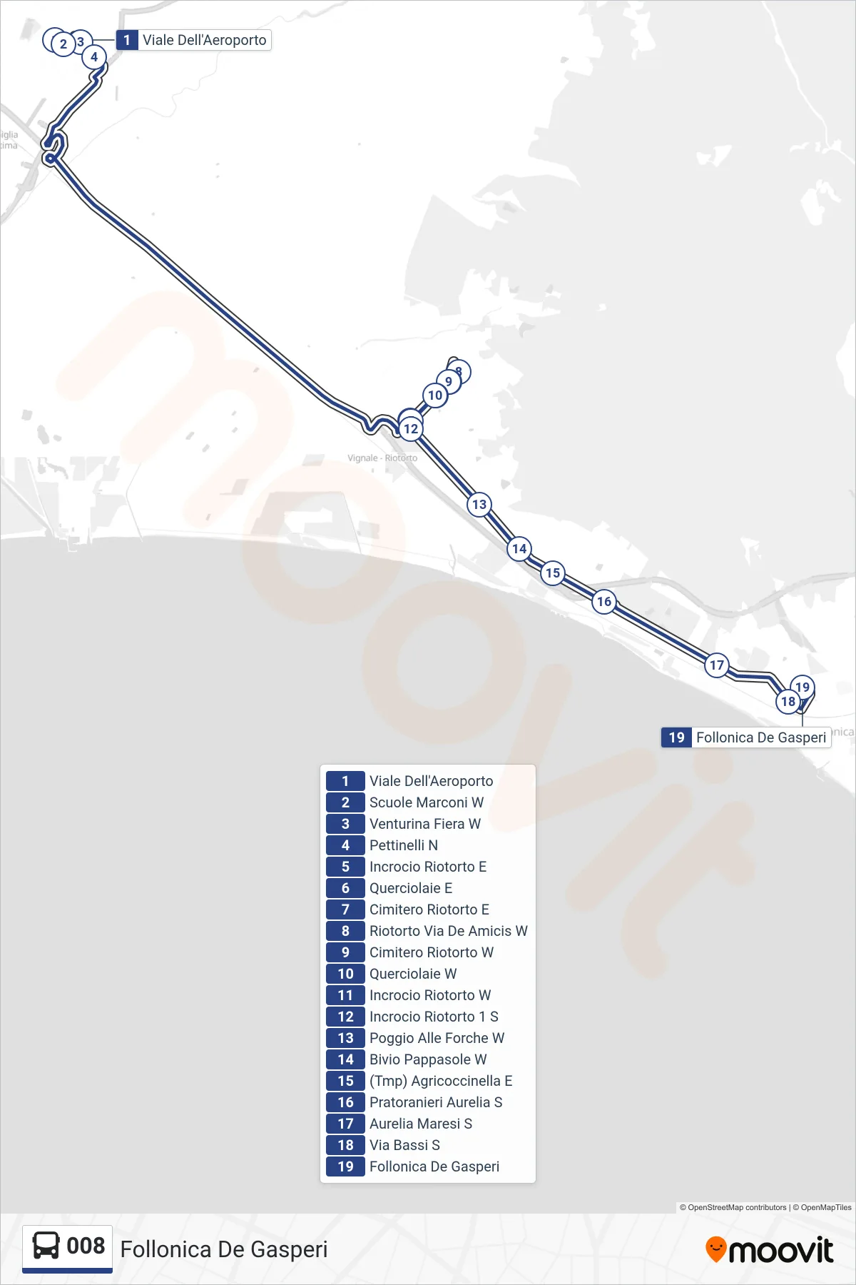 Linea 008 bus (Follonica De Gasperi) - Percorsi e fermate sulla mappa