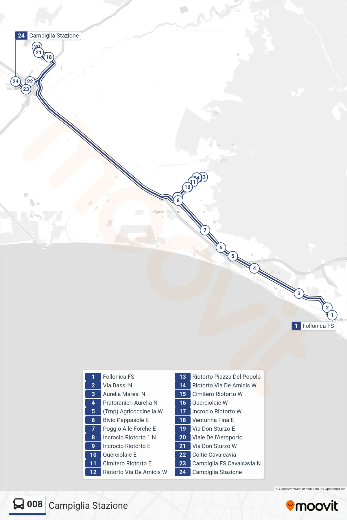 Linea 008  bus (Campiglia Stazione) - Percorsi e fermate sulla mappa