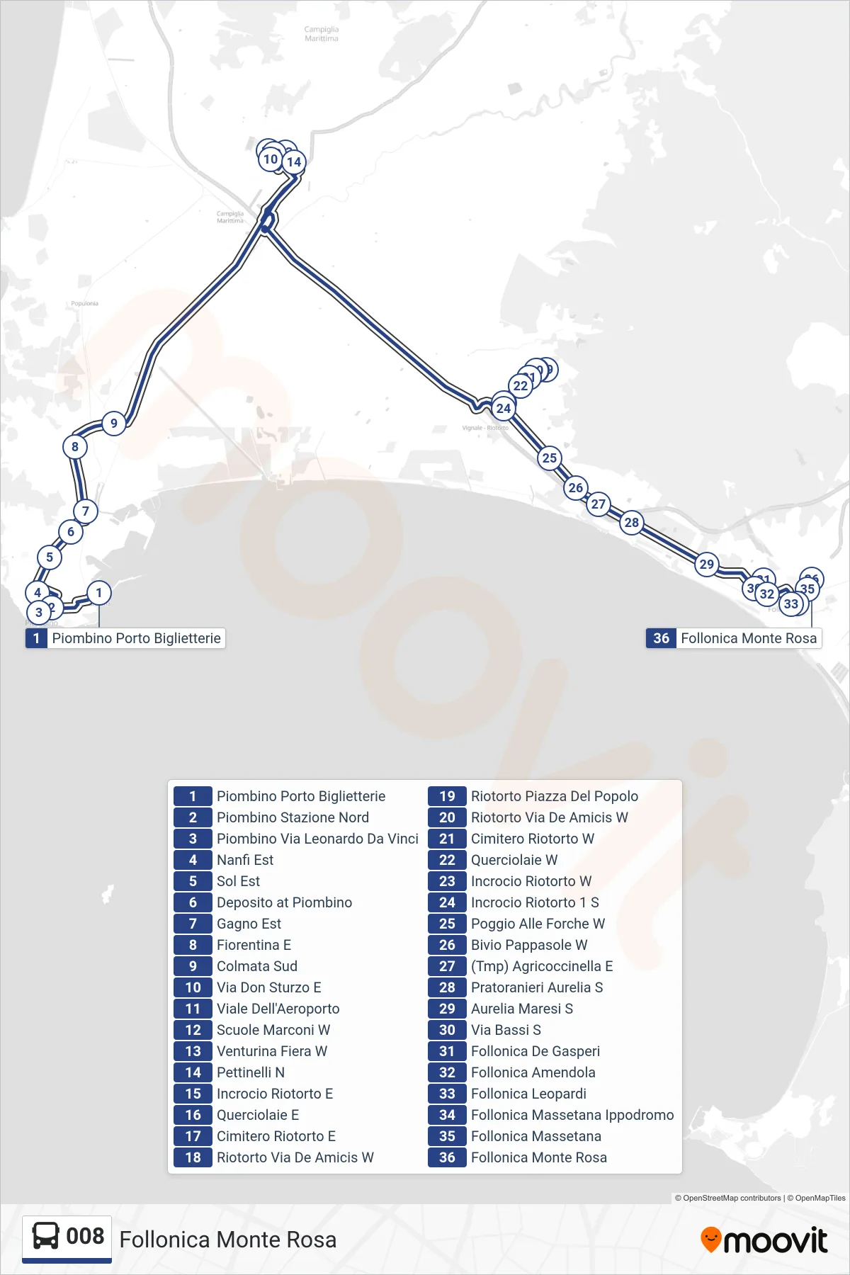 Linea 008 bus (Follonica Monte Rosa) - Percorsi e fermate sulla mappa