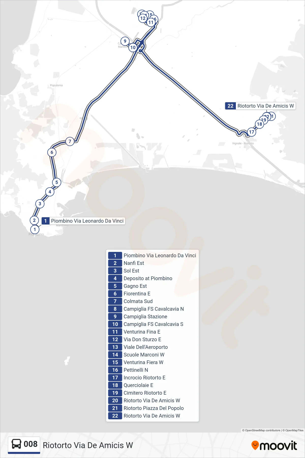 Linea 008  bus (Riotorto Via De Amicis W) - Percorsi e fermate sulla mappa