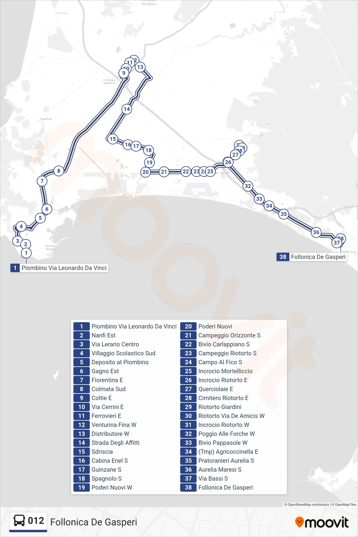 Linea 012  bus (Follonica De Gasperi) - Percorsi e fermate sulla mappa