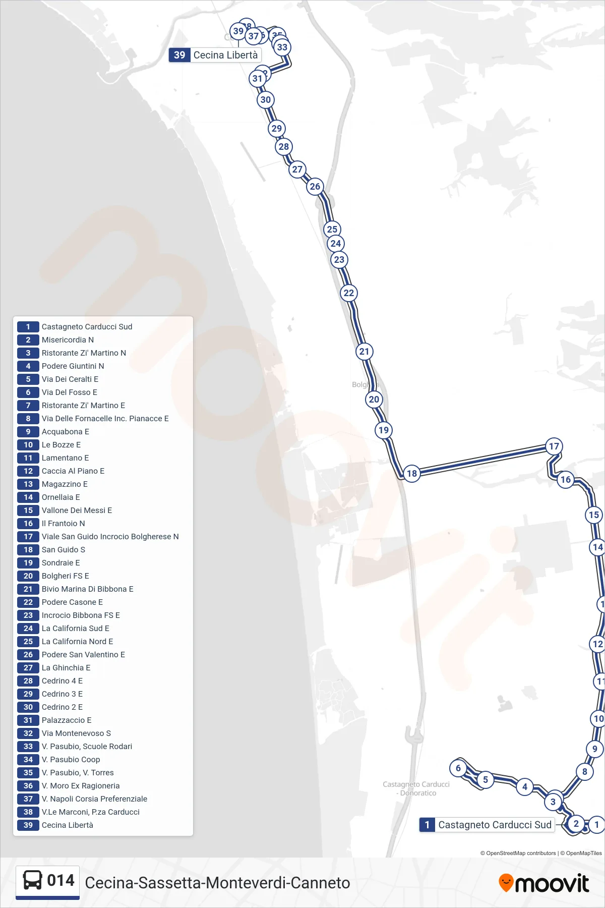 Linea 014  bus (Cecina Libertà) - Percorsi e fermate sulla mappa