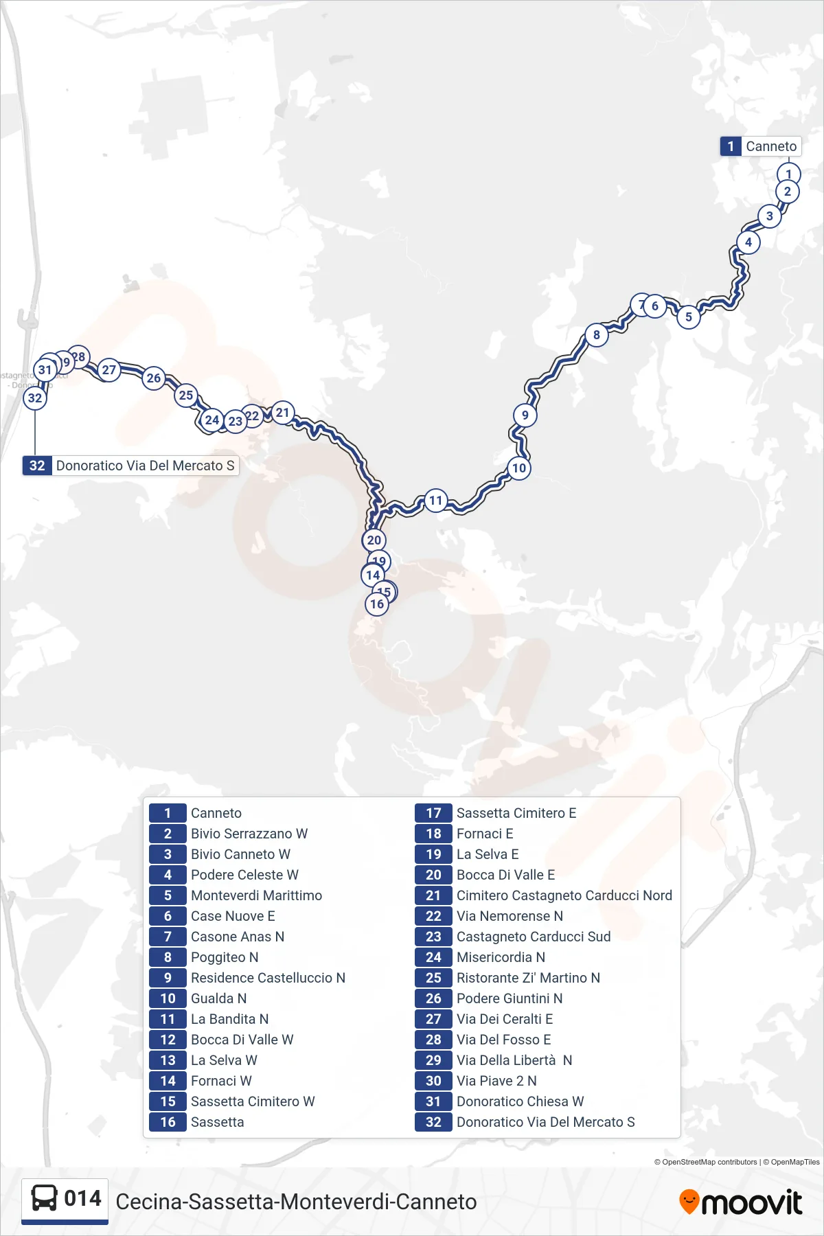 Linea 014  bus (Donoratico Via Del Mercato S) - Percorsi e fermate sulla mappa