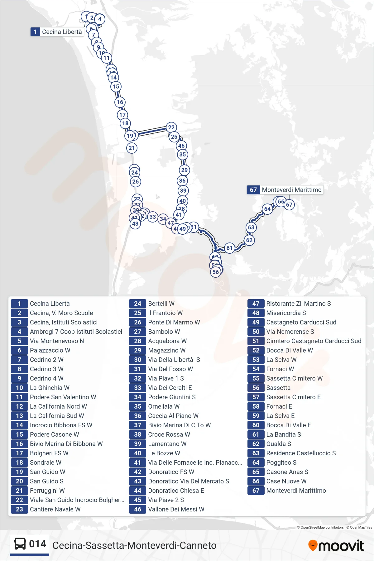 Linea 014 bus (Monteverdi Marittimo) - Percorsi e fermate sulla mappa