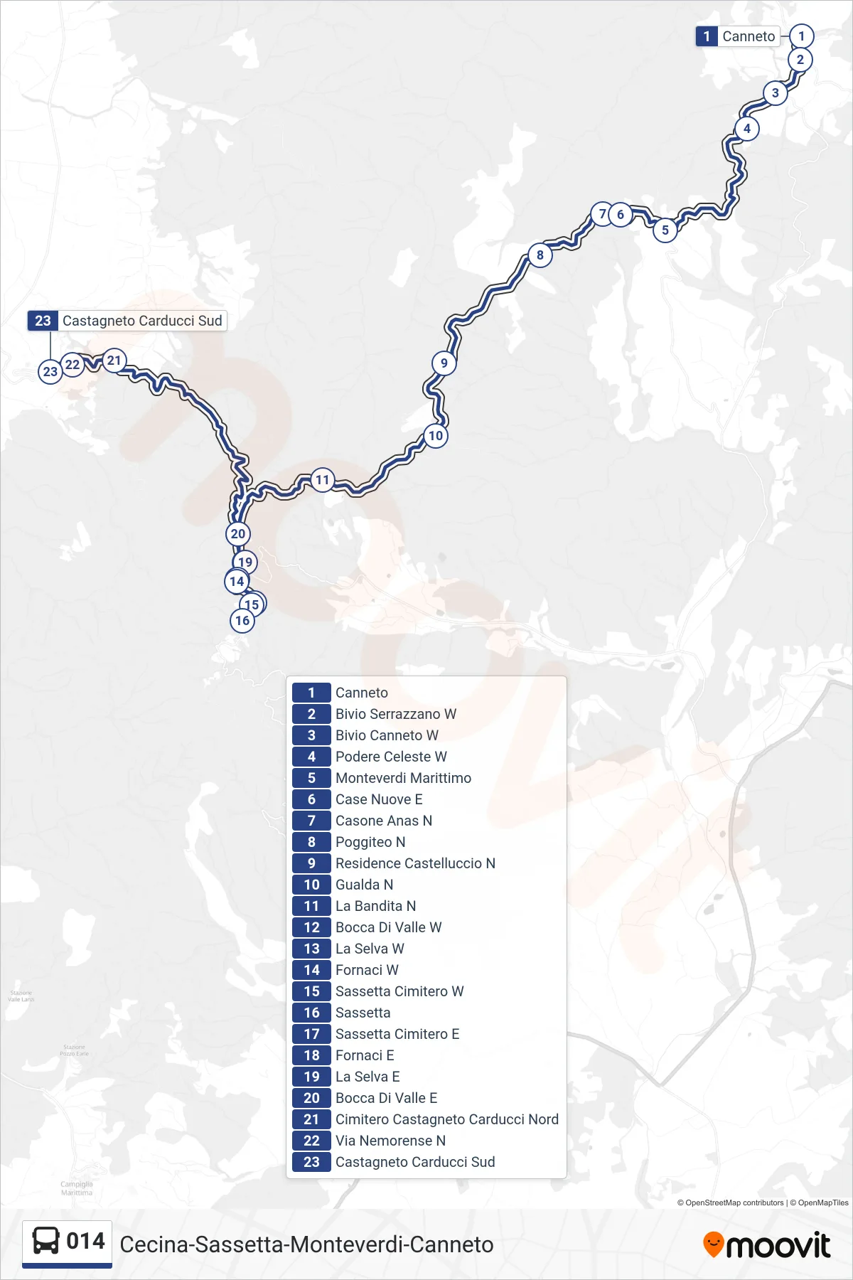 Linea 014  bus (Castagneto Carducci Sud) - Percorsi e fermate sulla mappa
