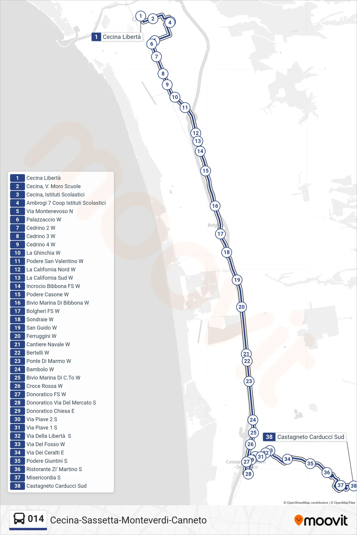 Linea 014  bus (Castagneto Carducci Sud) - Percorsi e fermate sulla mappa