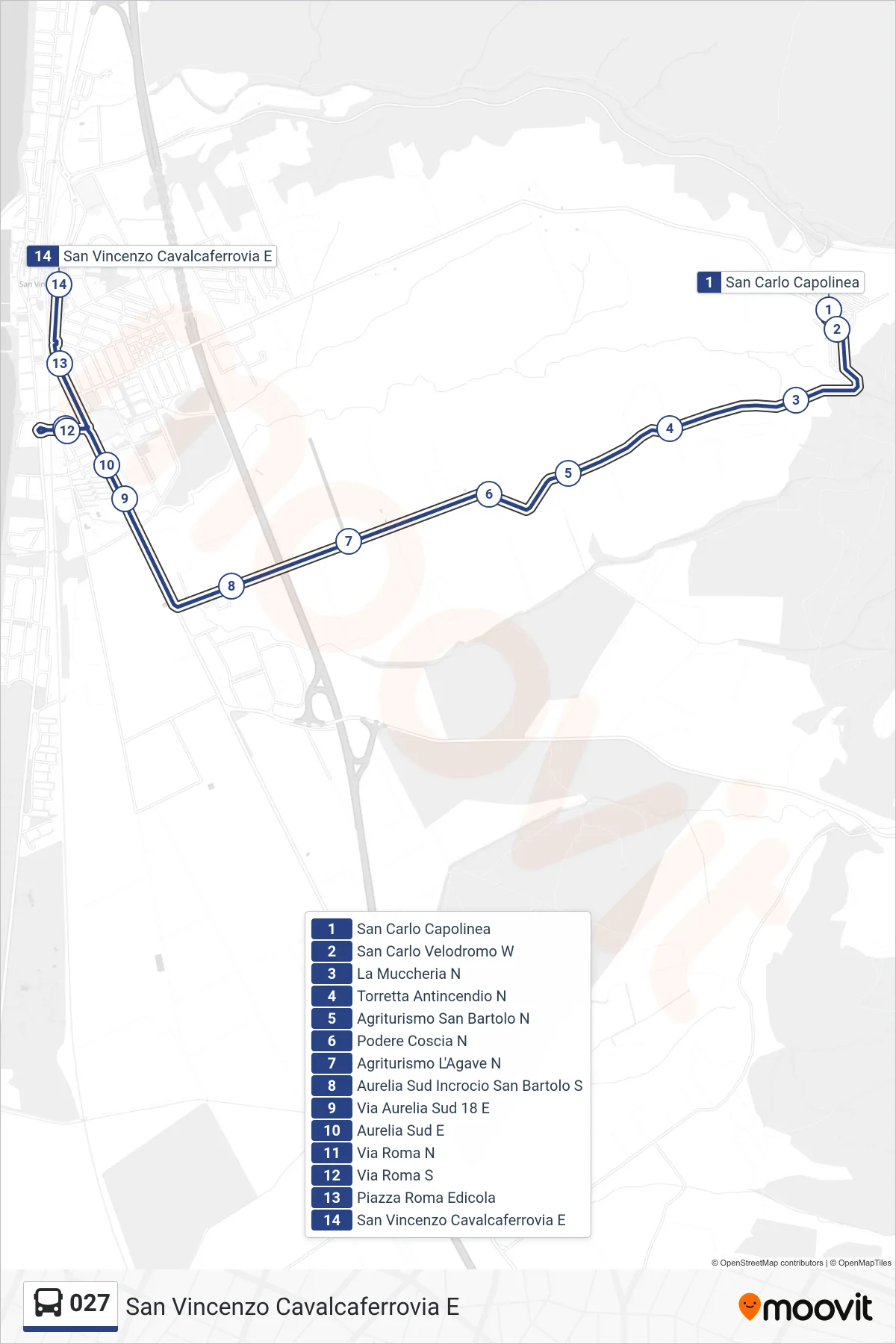 Linea 027  bus (San Vincenzo Cavalcaferrovia E) - Percorsi e fermate sulla mappa