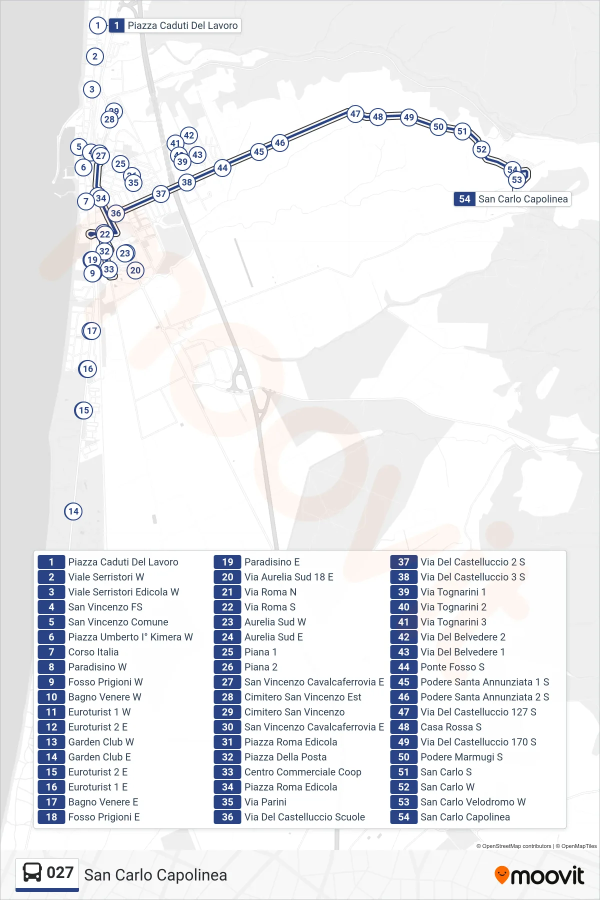 Linea 027 bus (San Carlo Capolinea) - Percorsi e fermate sulla mappa