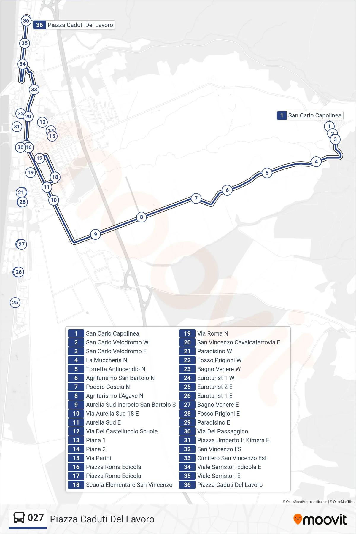 Linea 027  bus (Piazza Caduti Del Lavoro) - Percorsi e fermate sulla mappa