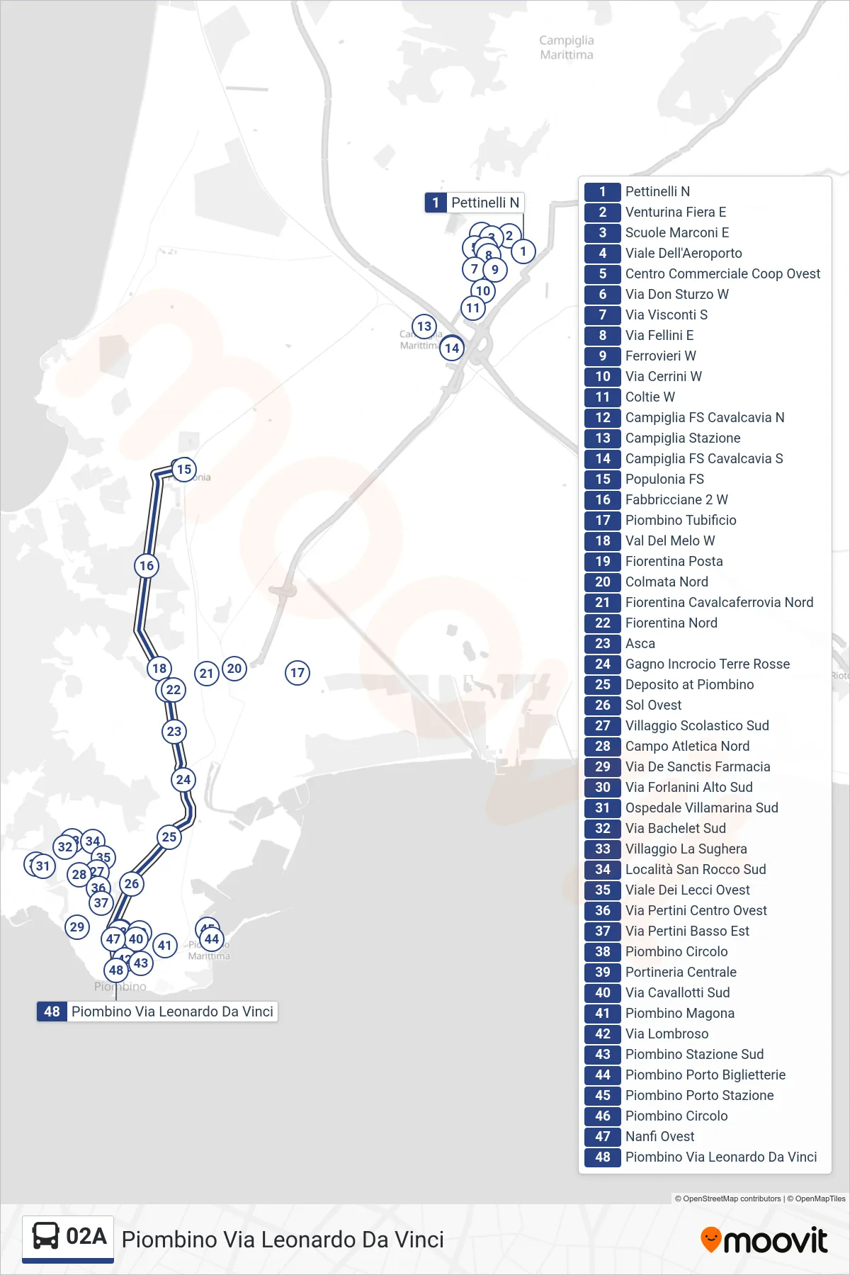 Linea 02A  bus (Piombino Via Leonardo Da Vinci) - Percorsi e fermate sulla mappa