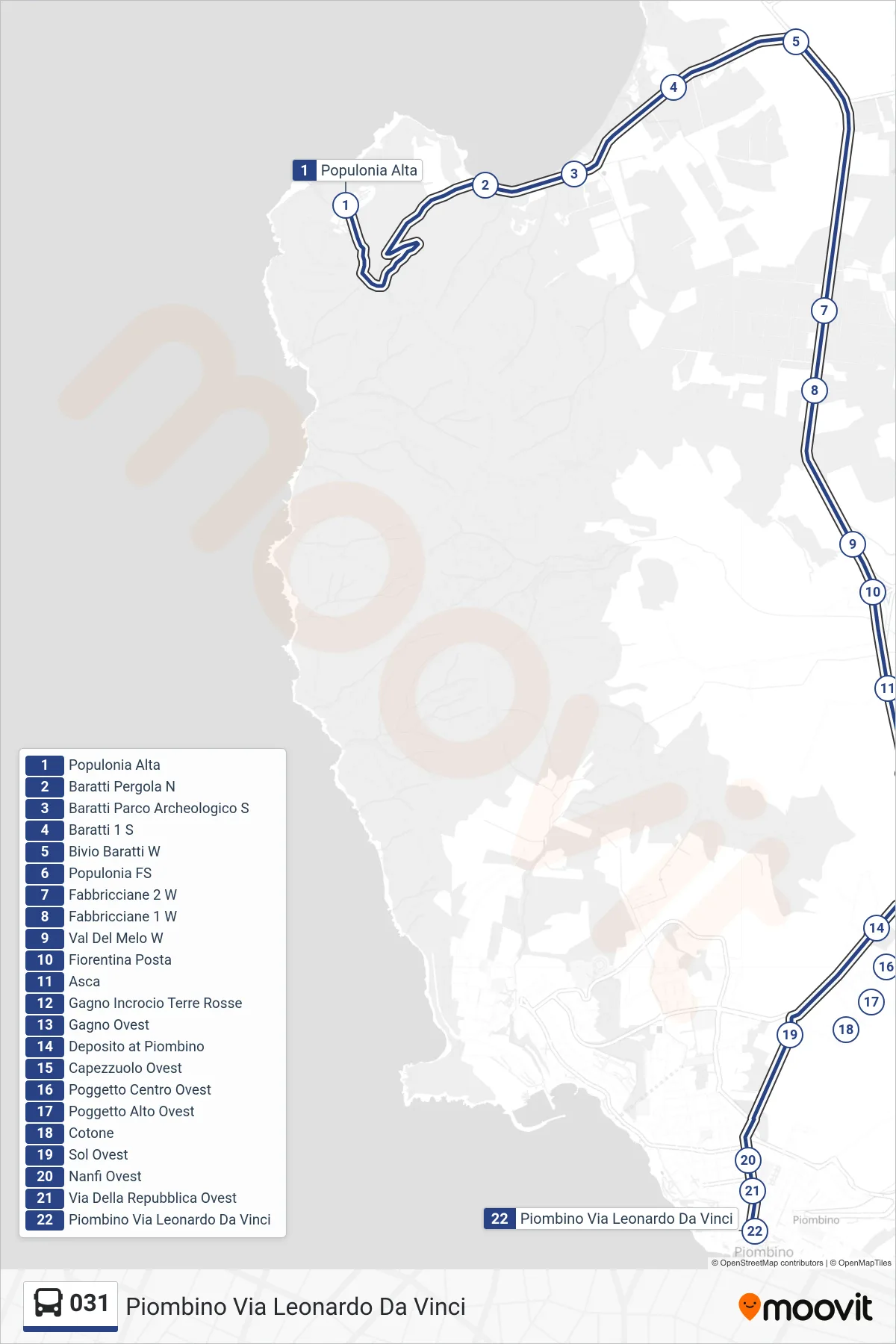 Linea 031 bus (Piombino Via Leonardo Da Vinci) - Percorsi e fermate sulla mappa
