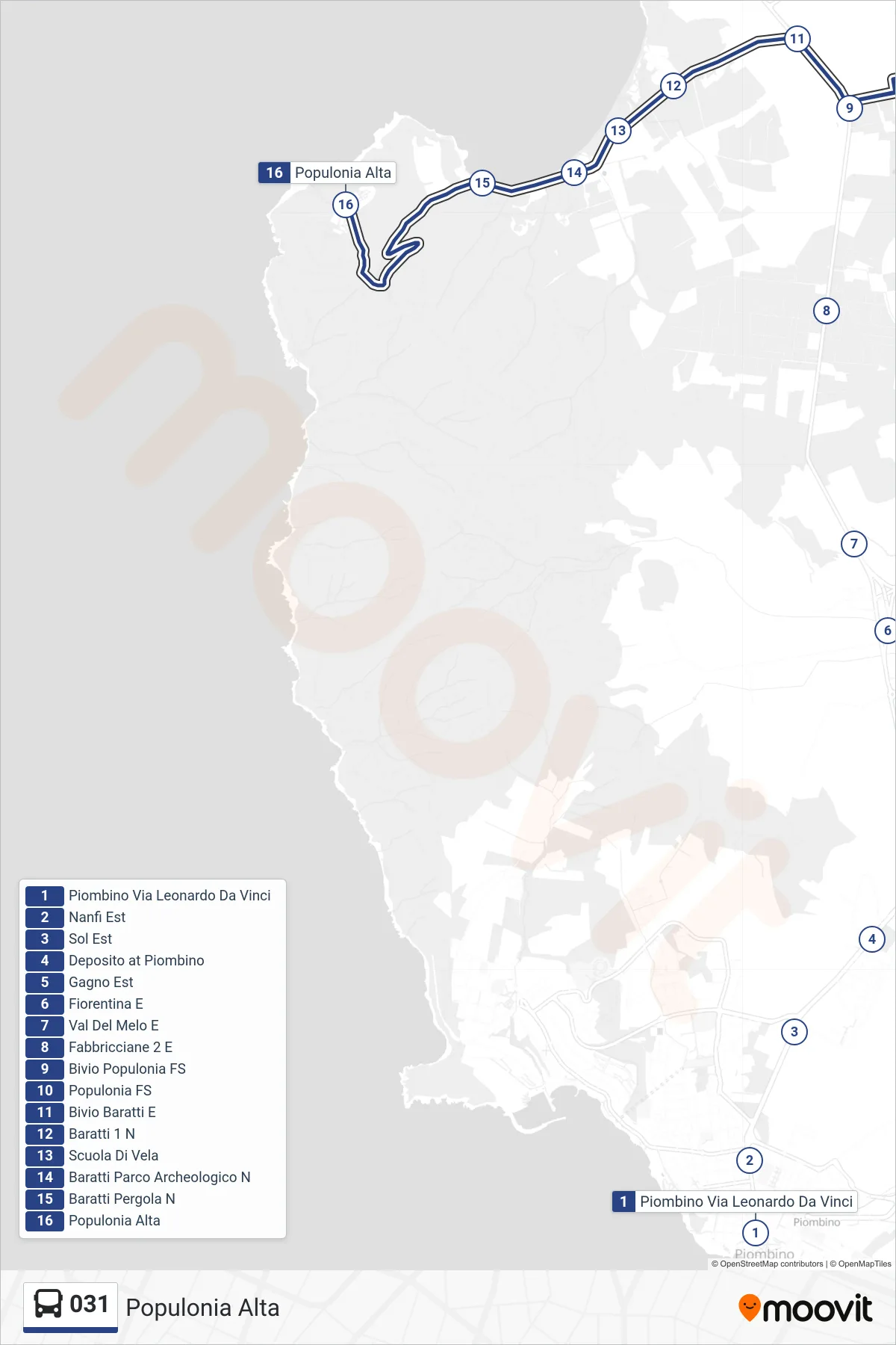 Linea 031  bus (Populonia Alta) - Percorsi e fermate sulla mappa