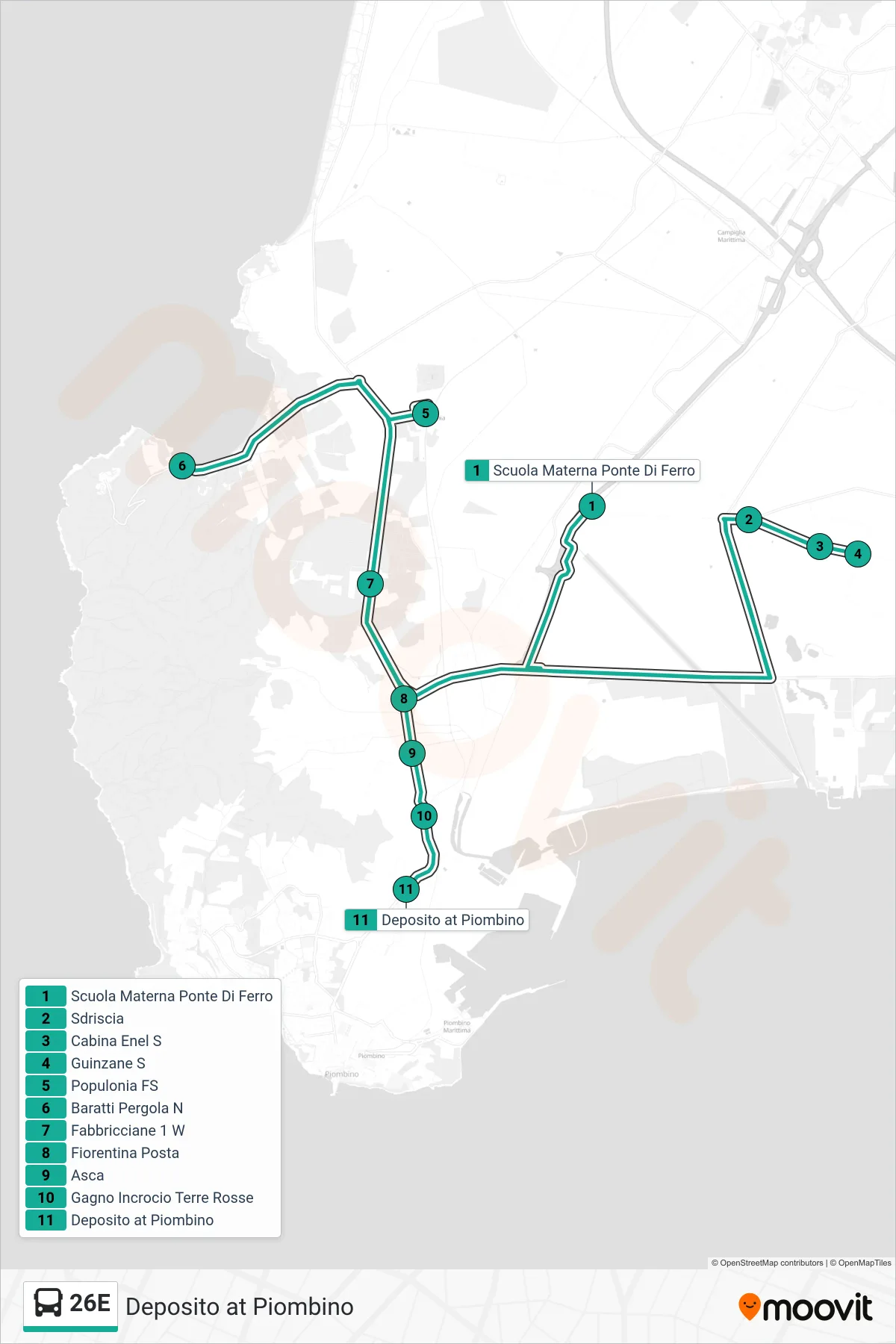 Linea 26E  bus (Deposito at Piombino) - Percorsi e fermate sulla mappa