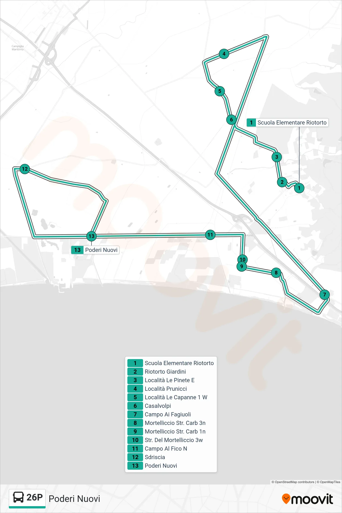 Linea 26P  bus (Poderi Nuovi) - Percorsi e fermate sulla mappa