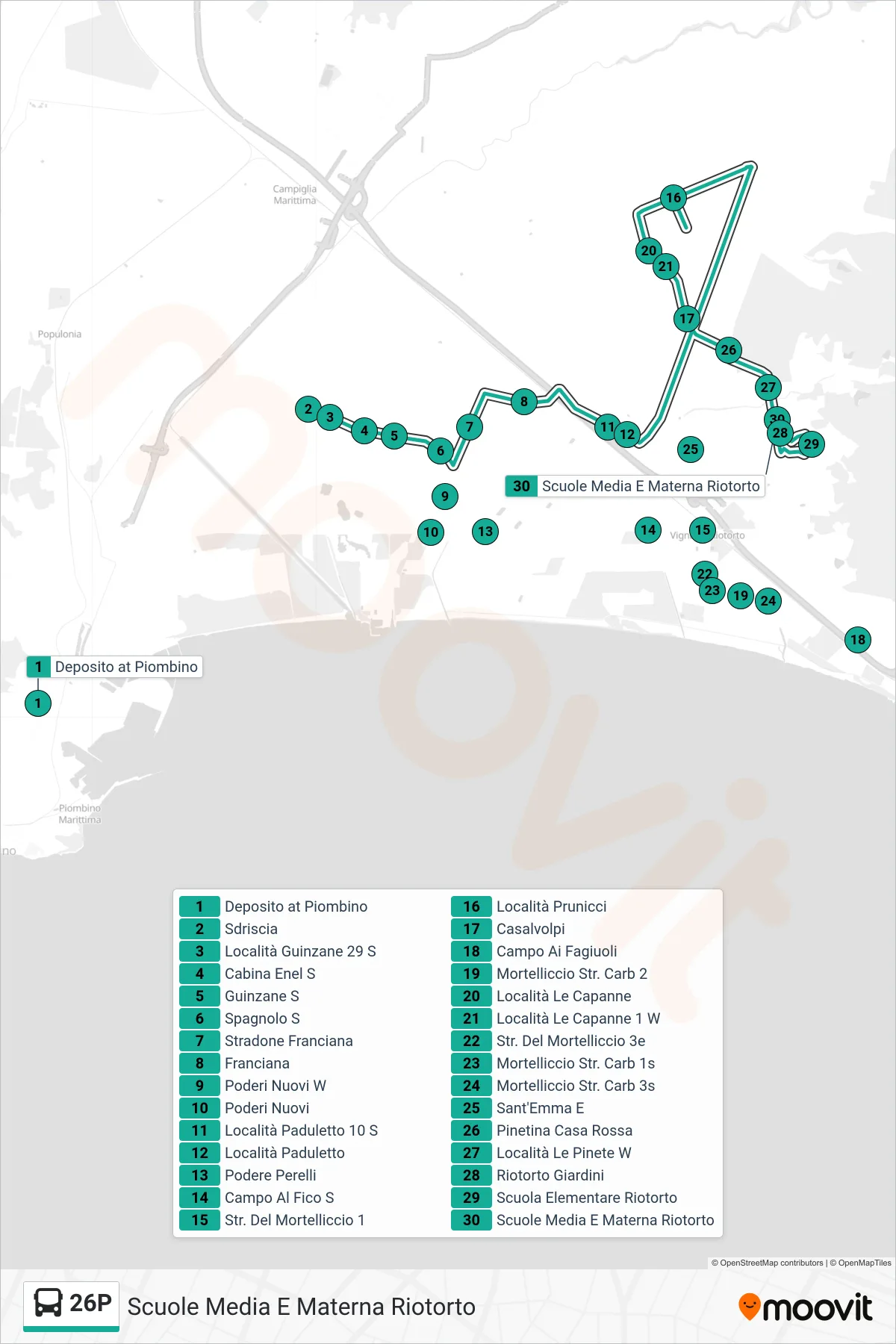 Linea 26P  bus (Scuole Media E Materna Riotorto) - Percorsi e fermate sulla mappa