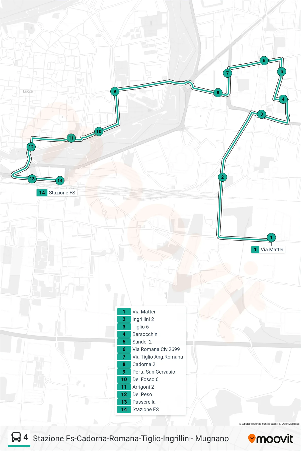 Linea 4 bus (Stazione FS Lucca) - Percorsi e fermate sulla mappa