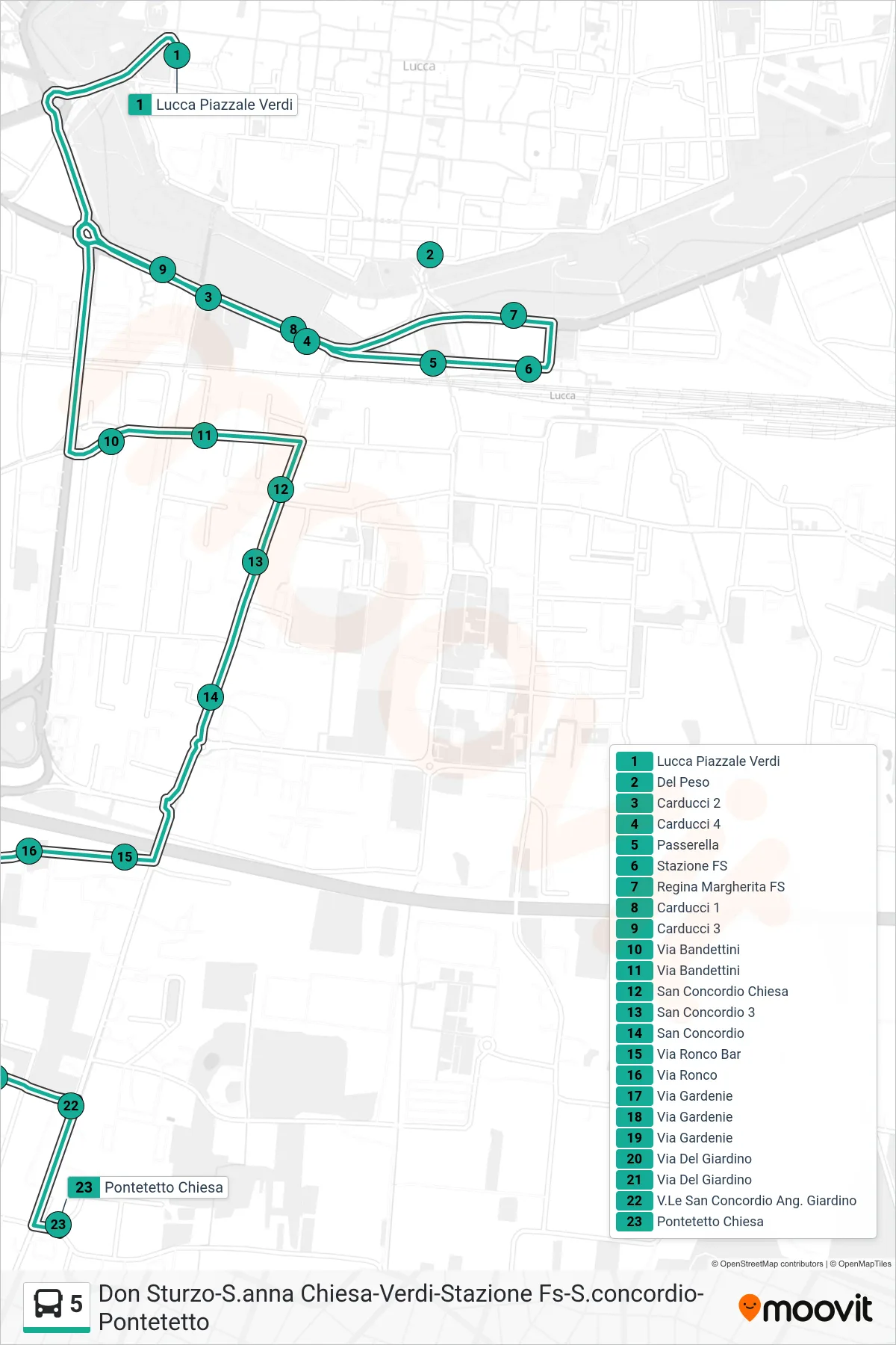 Linea 5 bus (Pontetetto Chiesa) - Percorsi e fermate sulla mappa