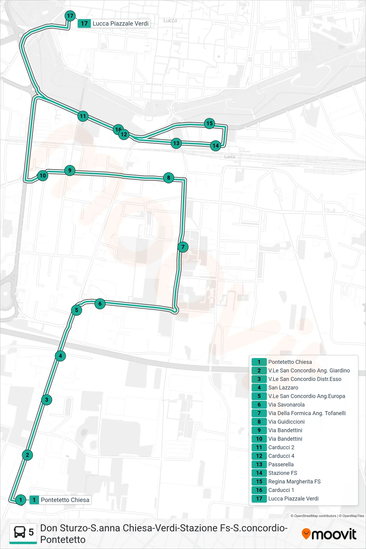 Linea 5 bus (Lucca Piazzale Verdi) - Percorsi e fermate sulla mappa