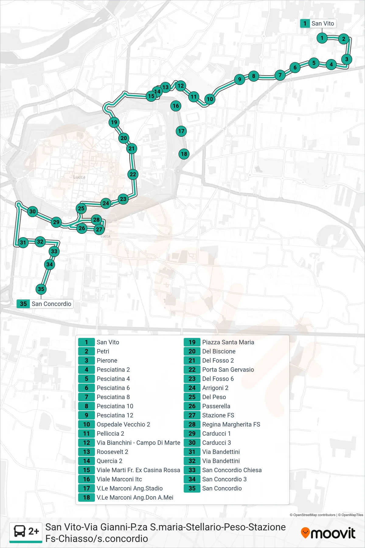 Linea 2+  bus (San Concordio) - Percorsi e fermate sulla mappa