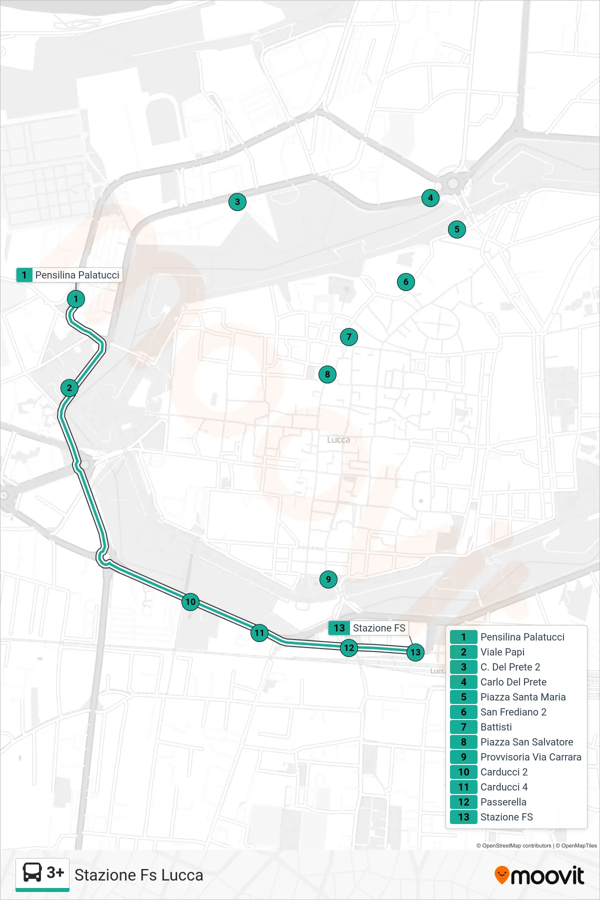 Linea 3+  bus (Stazione Fs Lucca) - Percorsi e fermate sulla mappa